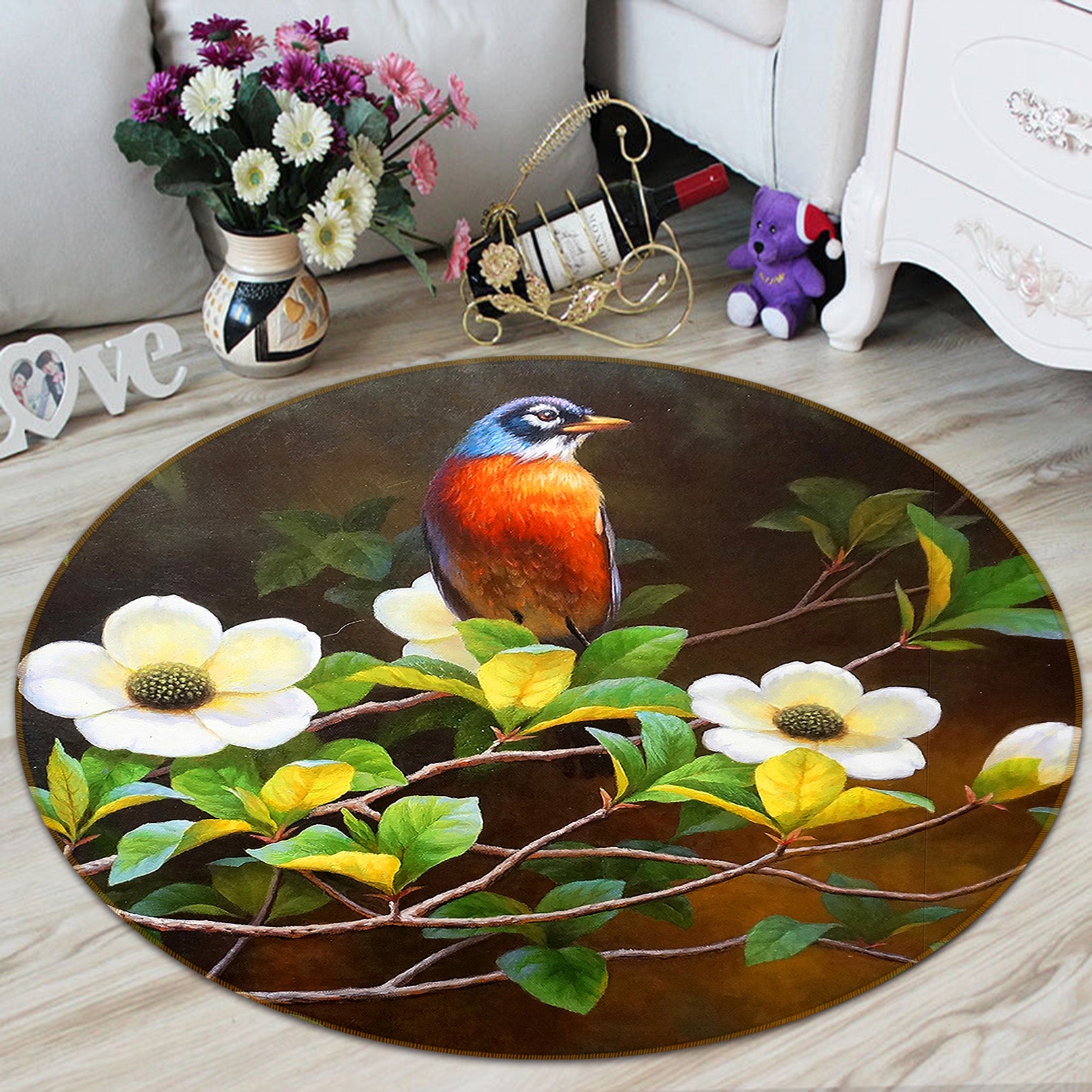 3D Bird Flowers Branch 71181 Round Non Slip Rug Mat