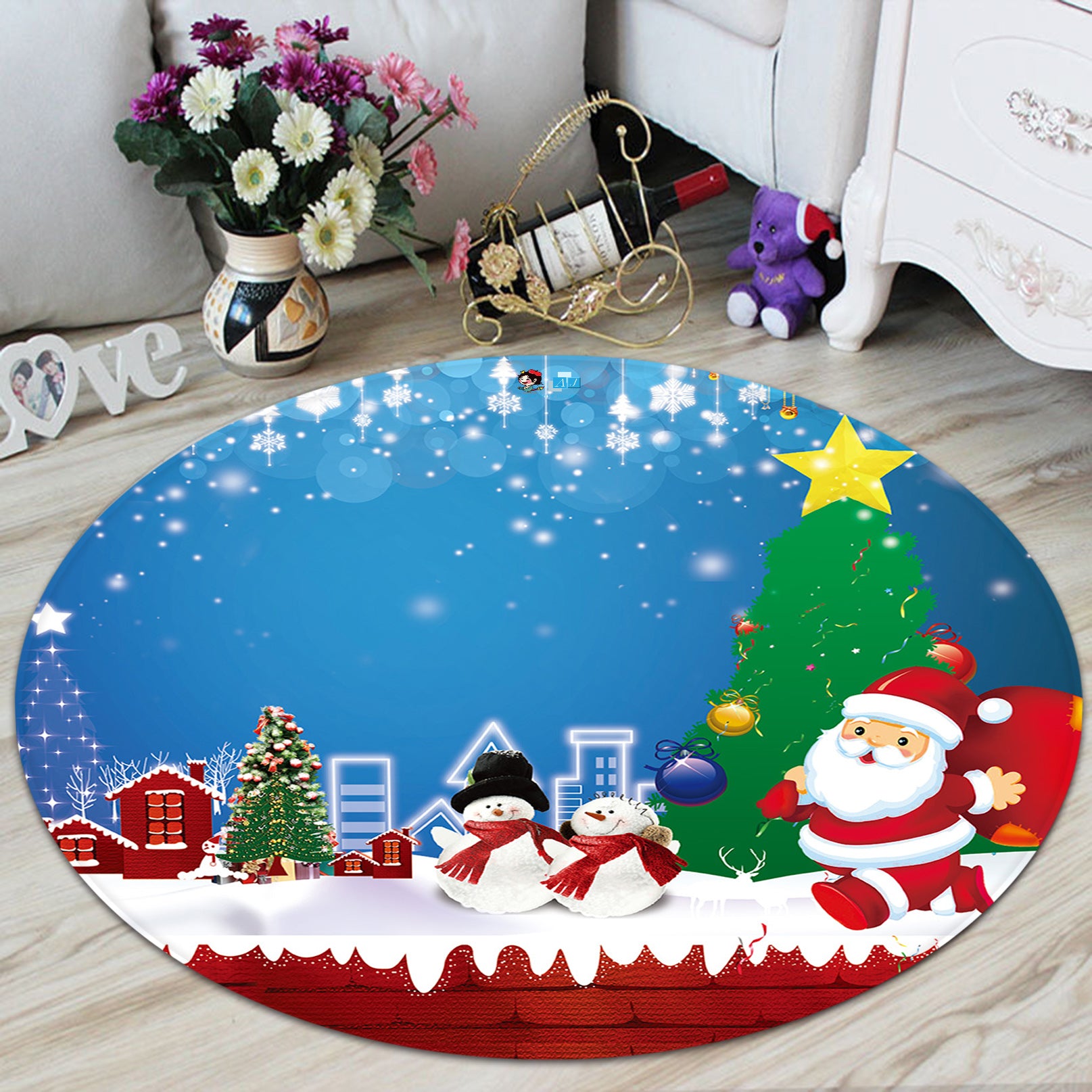 3D Snowman Santa 65221 Christmas Round Non Slip Rug Mat Xmas