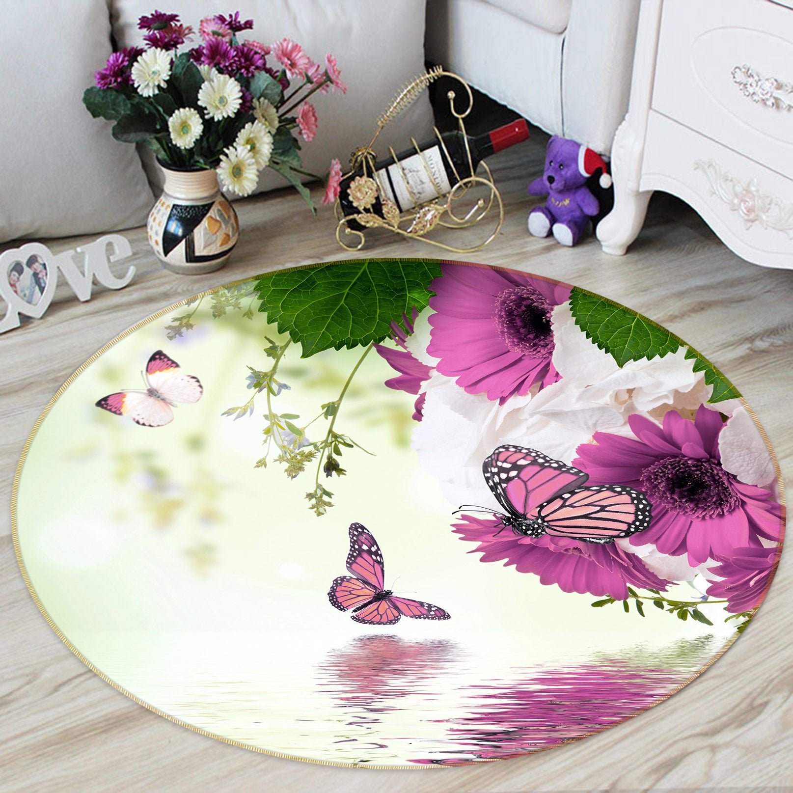 3D Purple Butterfly 38057 Animal Round Non Slip Rug Mat