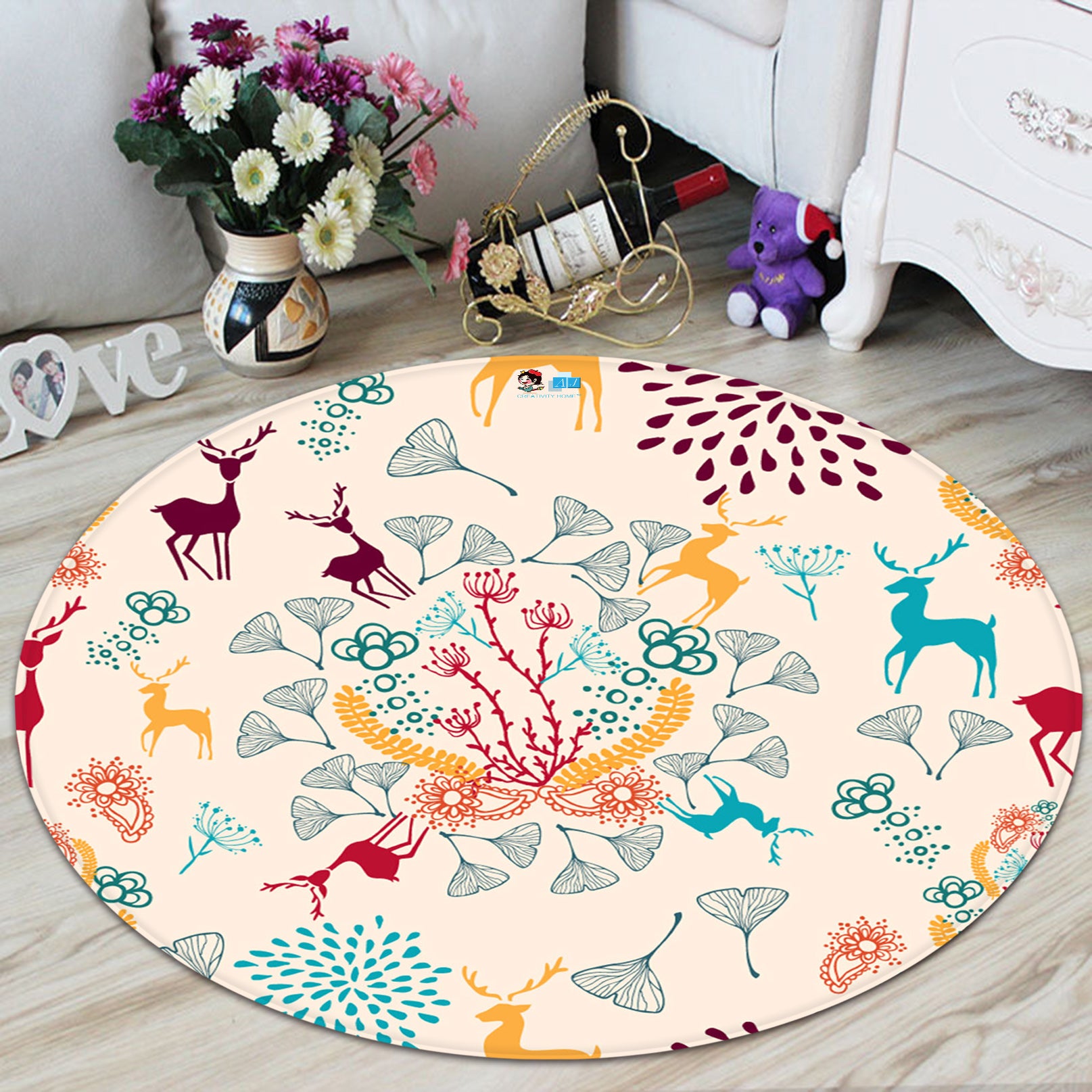 3D Deer Ginkgo Biloba 66002 Christmas Round Non Slip Rug Mat Xmas