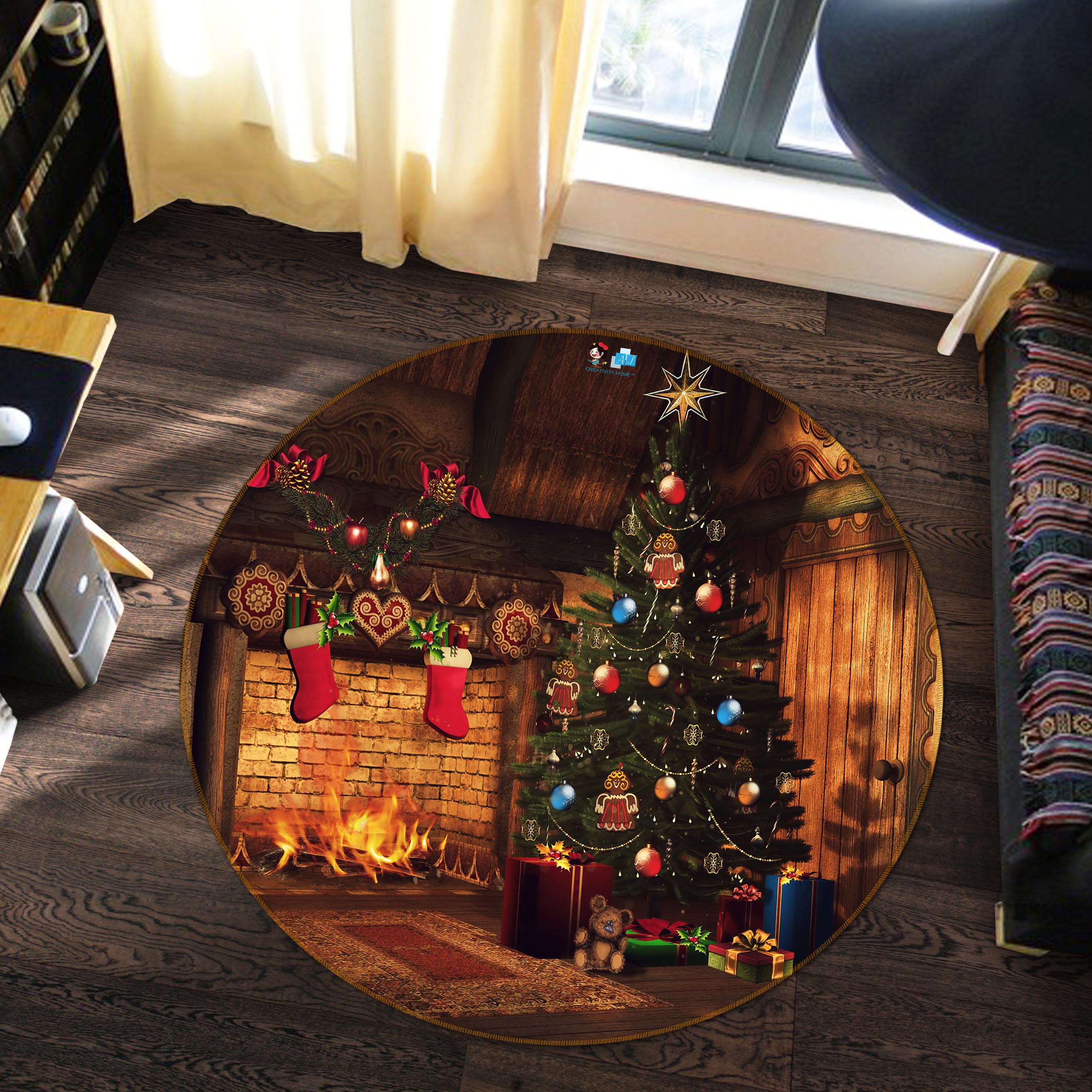 3D Tree Fireplace 54141 Christmas Round Non Slip Rug Mat Xmas