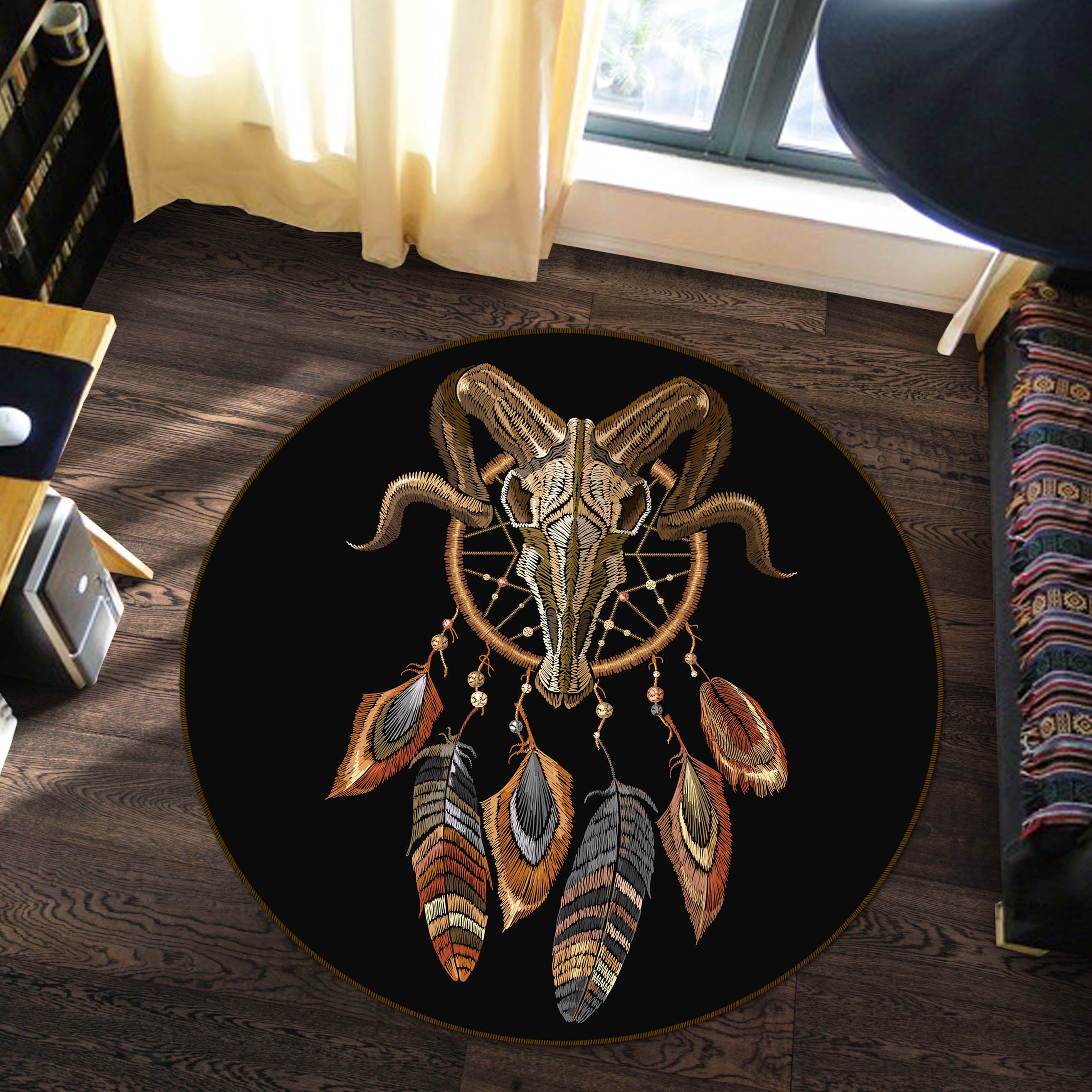 3D Sheep Head Dream Catcher 29088 Round Non Slip Rug Mat