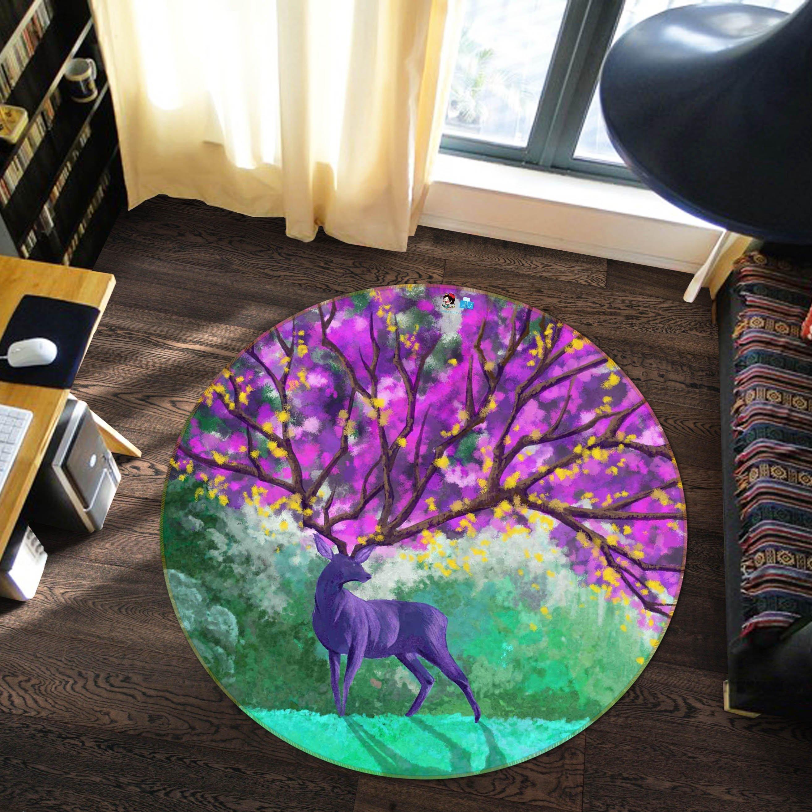 3D Flowering Deer 64 Round Non Slip Rug Mat Mat AJ Creativity Home