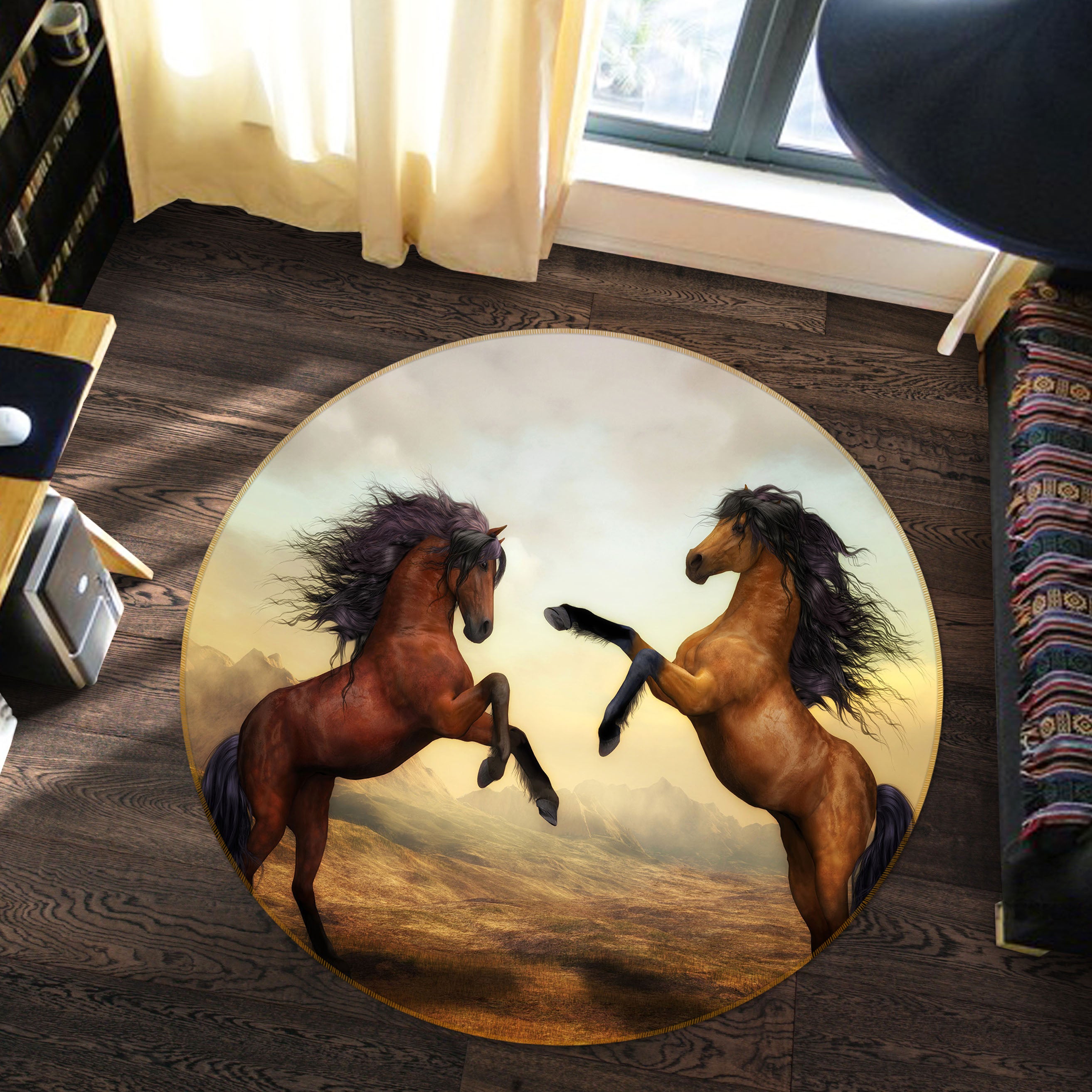 3D Two Horses 38037 Animal Round Non Slip Rug Mat
