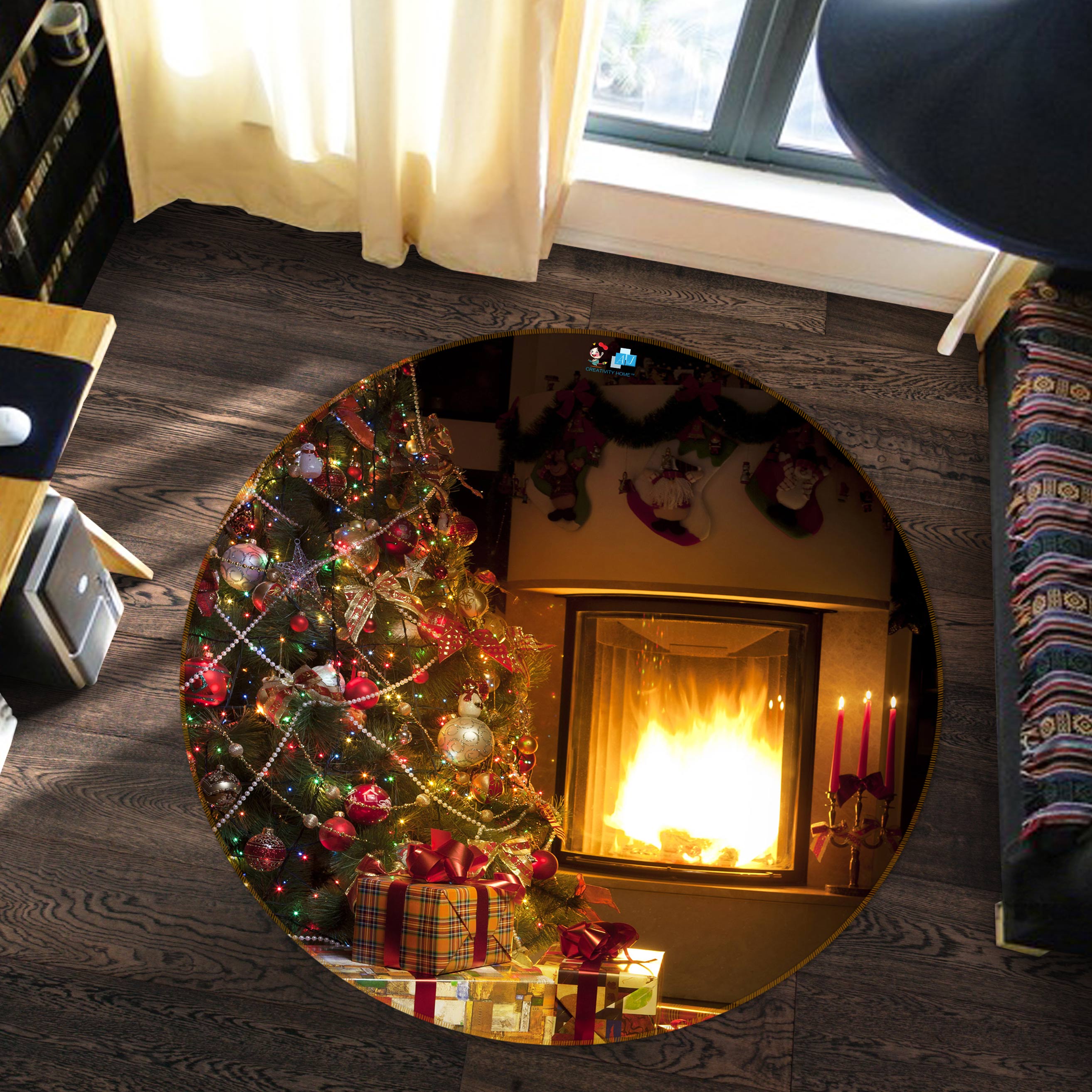 3D Fireplace Tree 54004 Christmas Round Non Slip Rug Mat Xmas