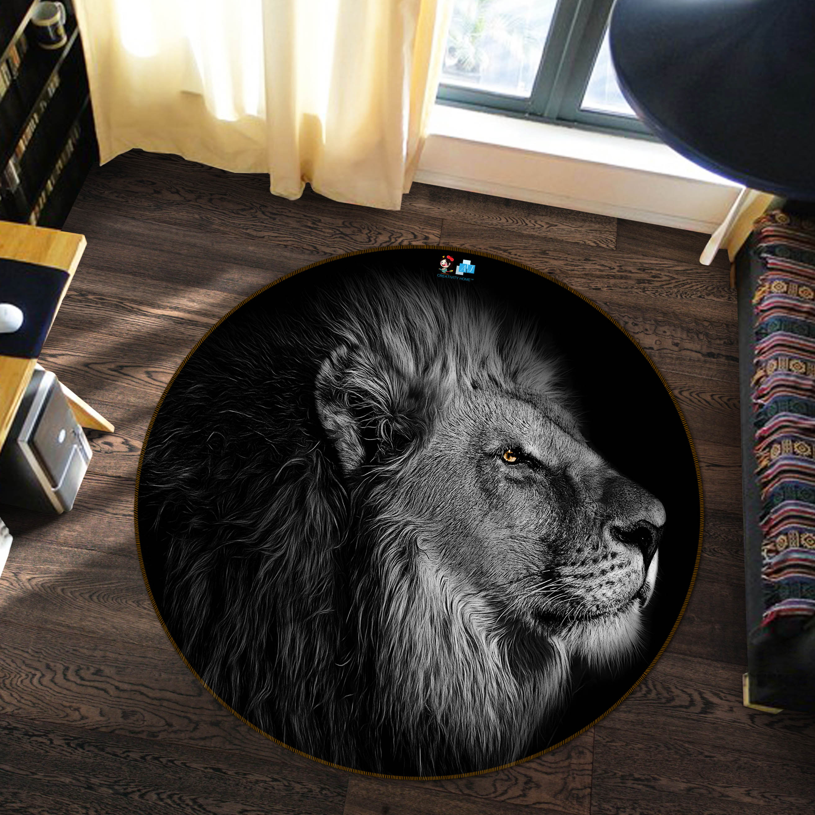 3D Black Grey Lion 82057 Animal Round Non Slip Rug Mat