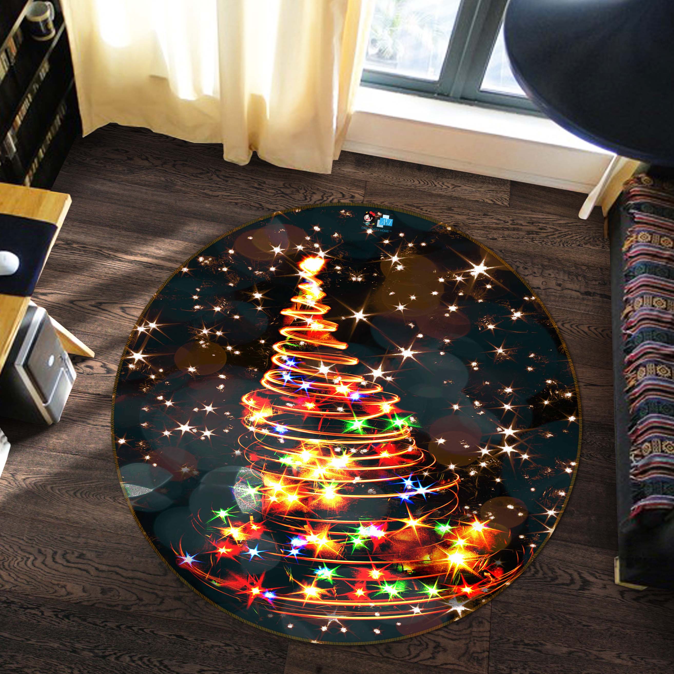 3D Colored Lights Tree 54179 Christmas Round Non Slip Rug Mat Xmas