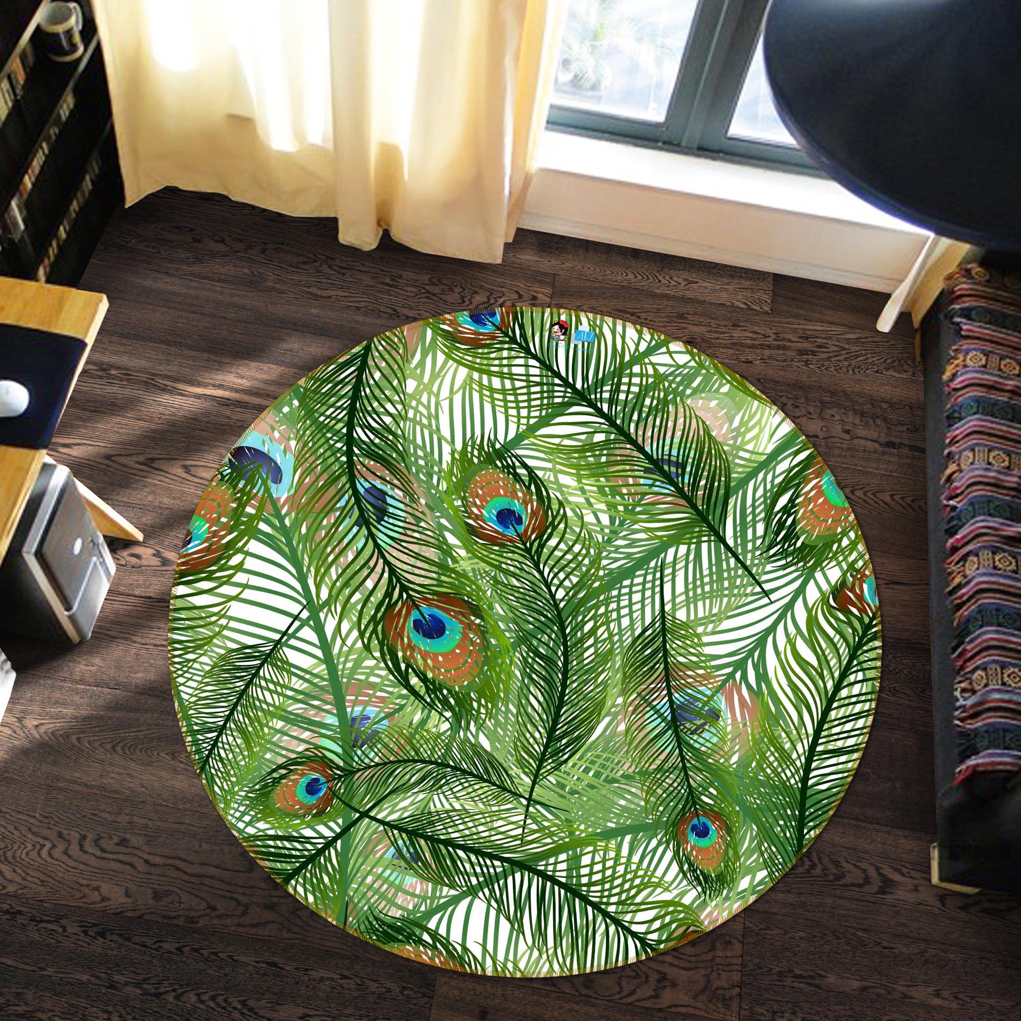 3D Peacock Feather 64106 Round Non Slip Rug Mat