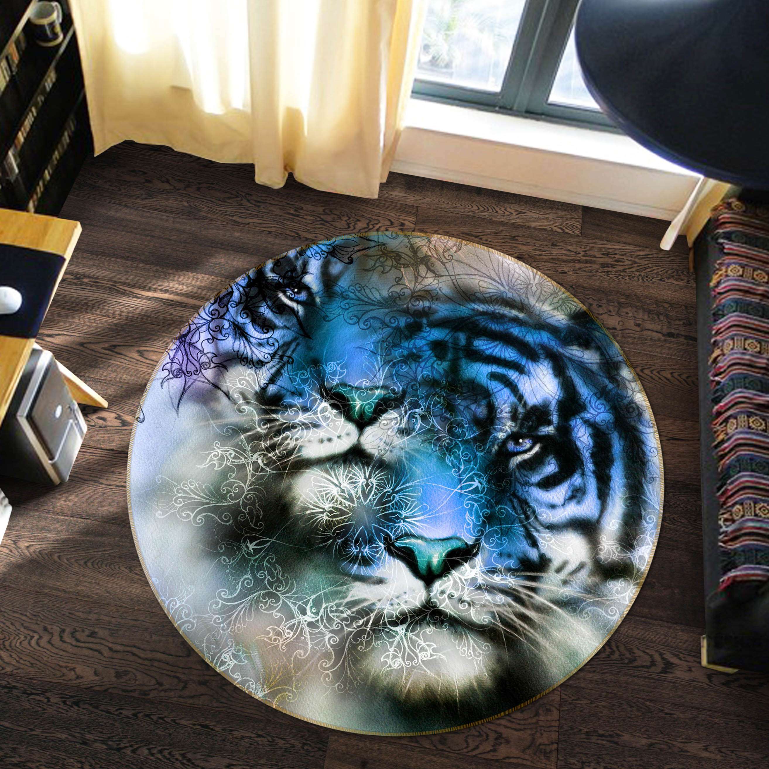 3D Blue Tiger 37224 Animal Round Non Slip Rug Mat