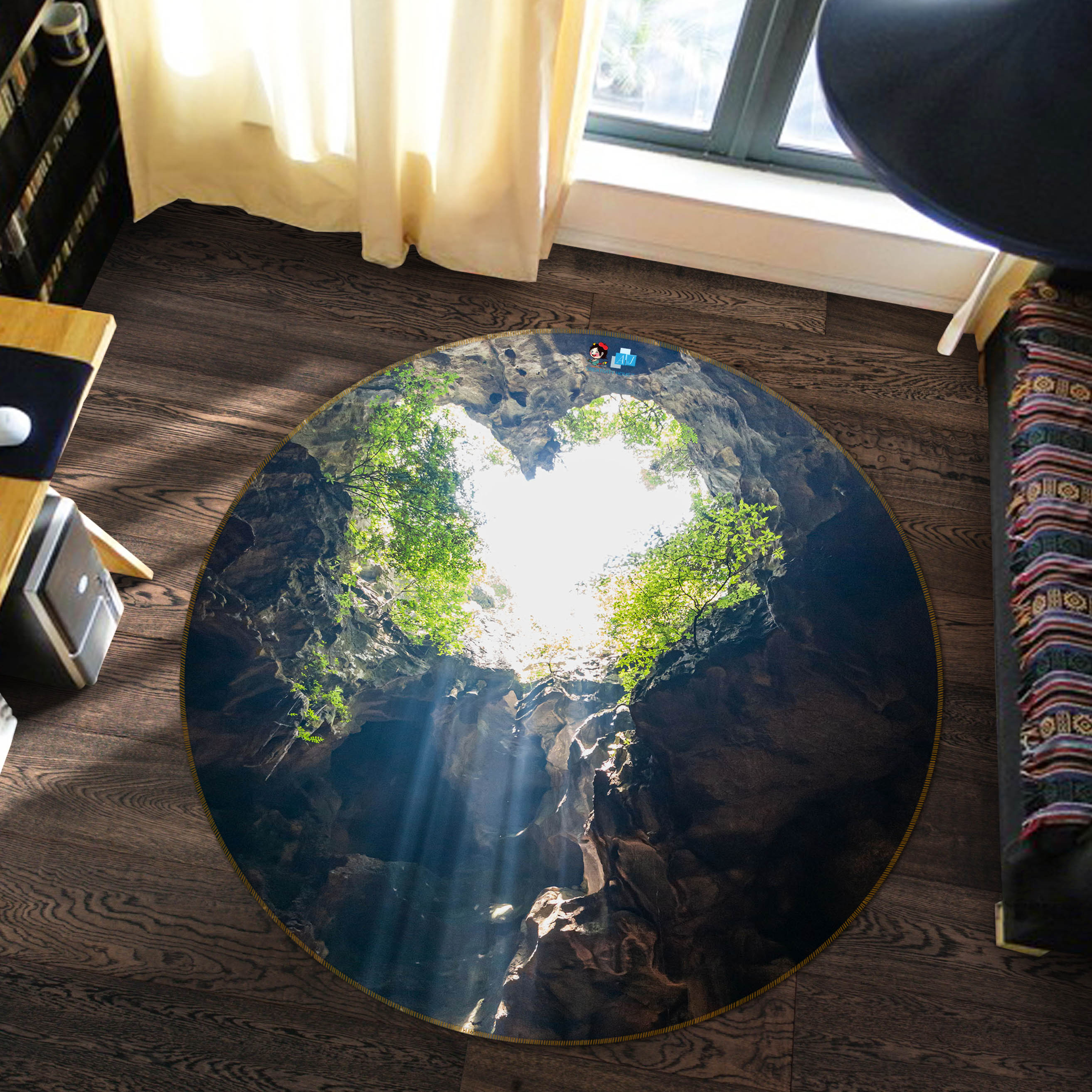 3D Grass Stone Cave 69206 Round Non Slip Rug Mat