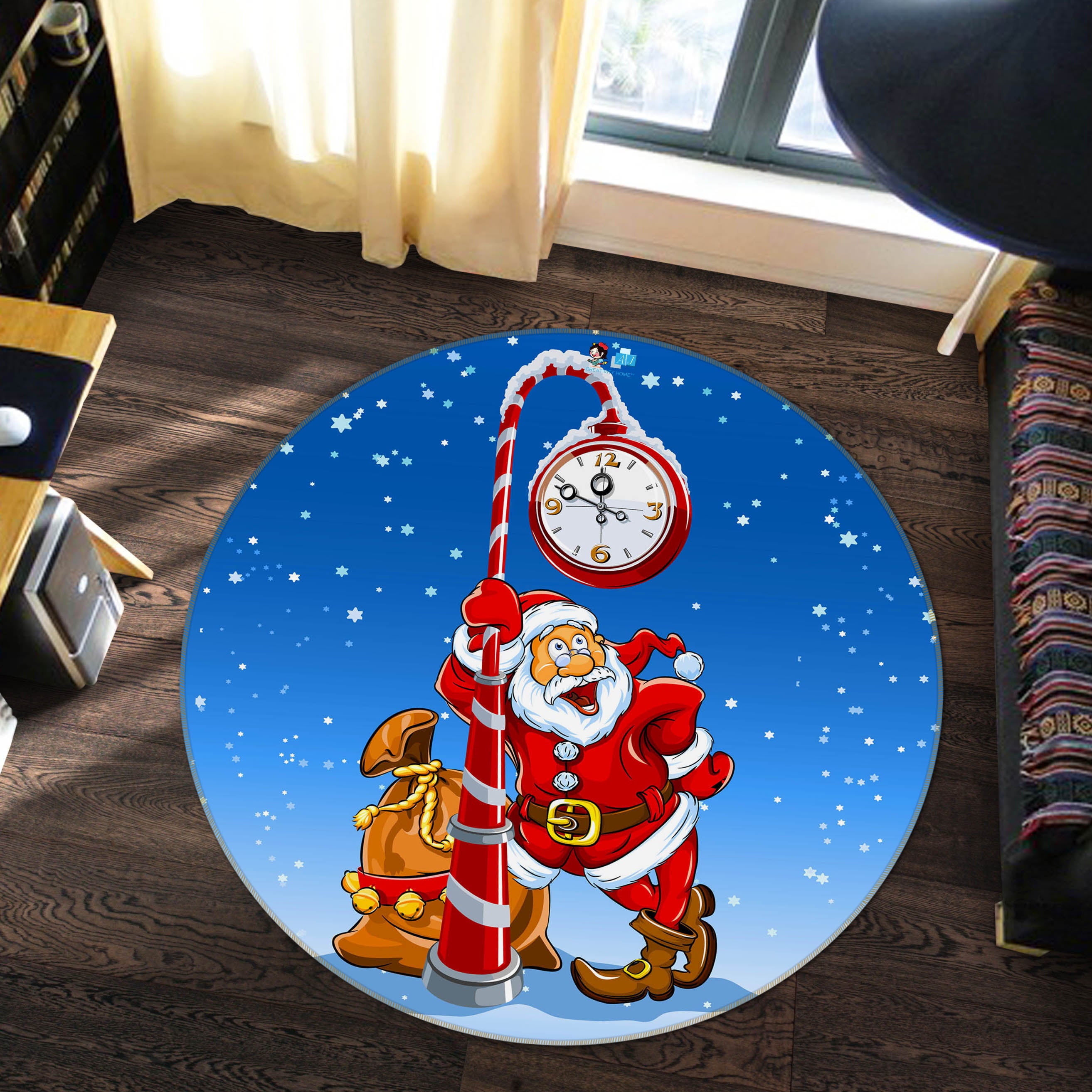 3D Clock Santa 75061 Round Non Slip Rug Mat