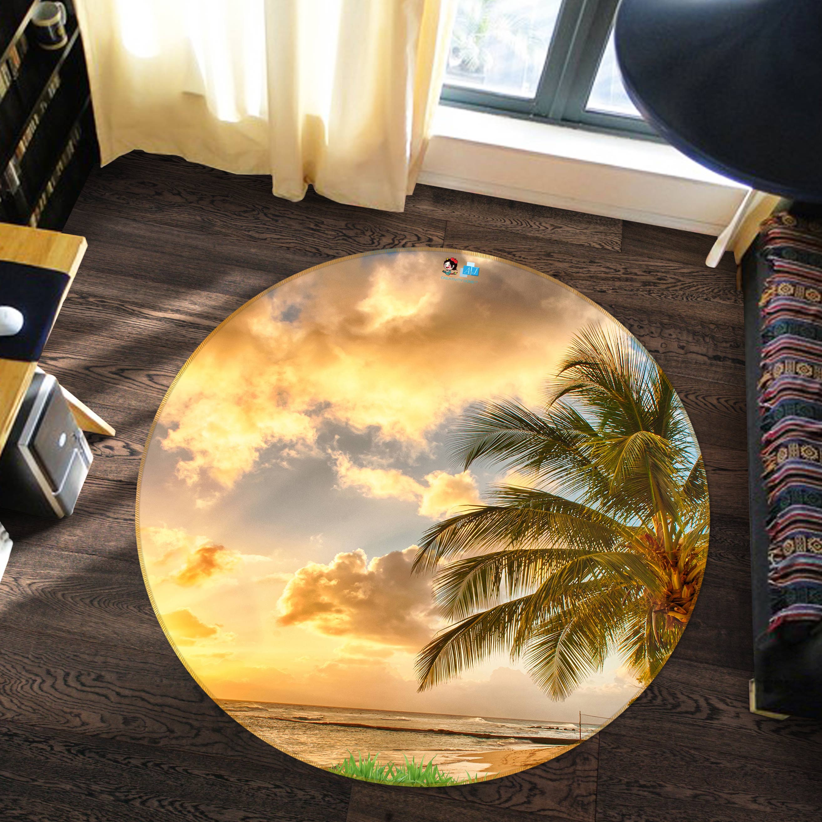 3D Dusk Coconut Tree 80251 Round Non Slip Rug Mat