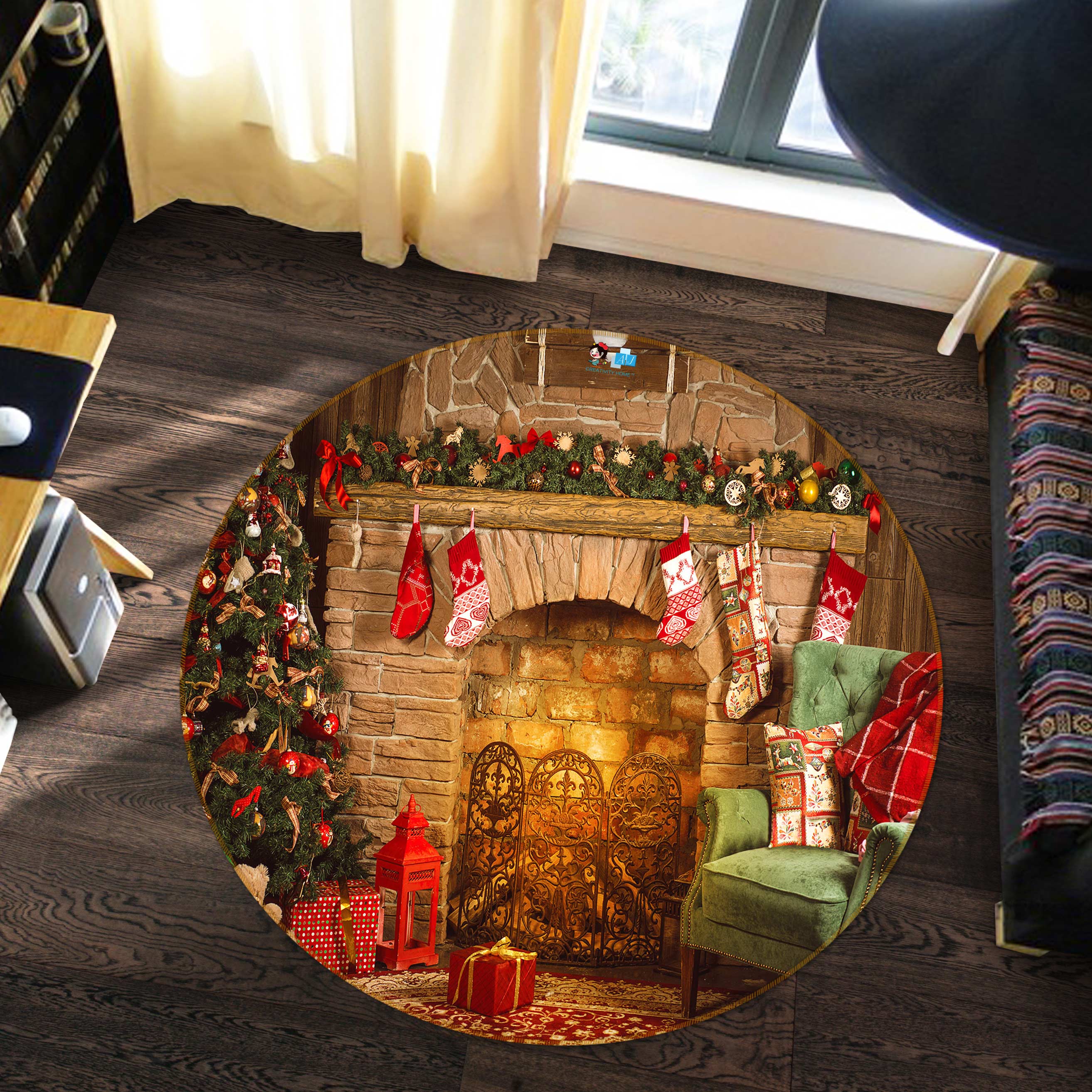 3D Fireplace Tree Sofa 54038 Christmas Round Non Slip Rug Mat Xmas
