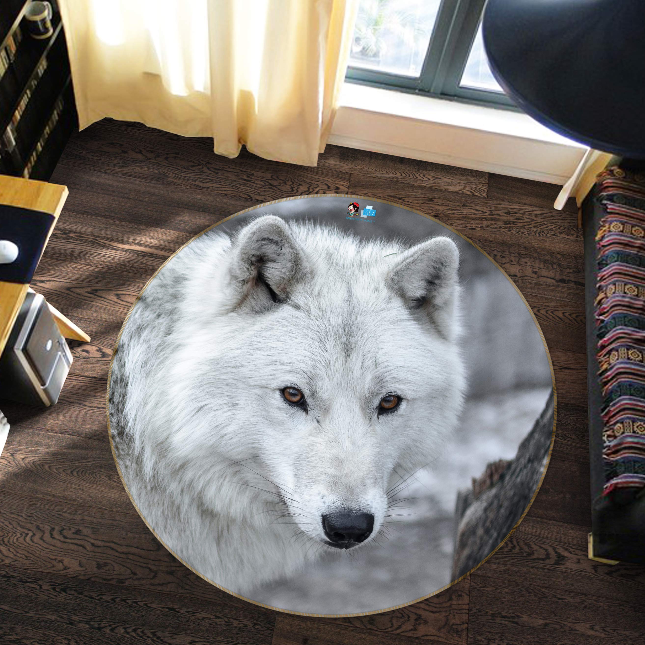3D White Wolf 81181 Round Non Slip Rug Mat
