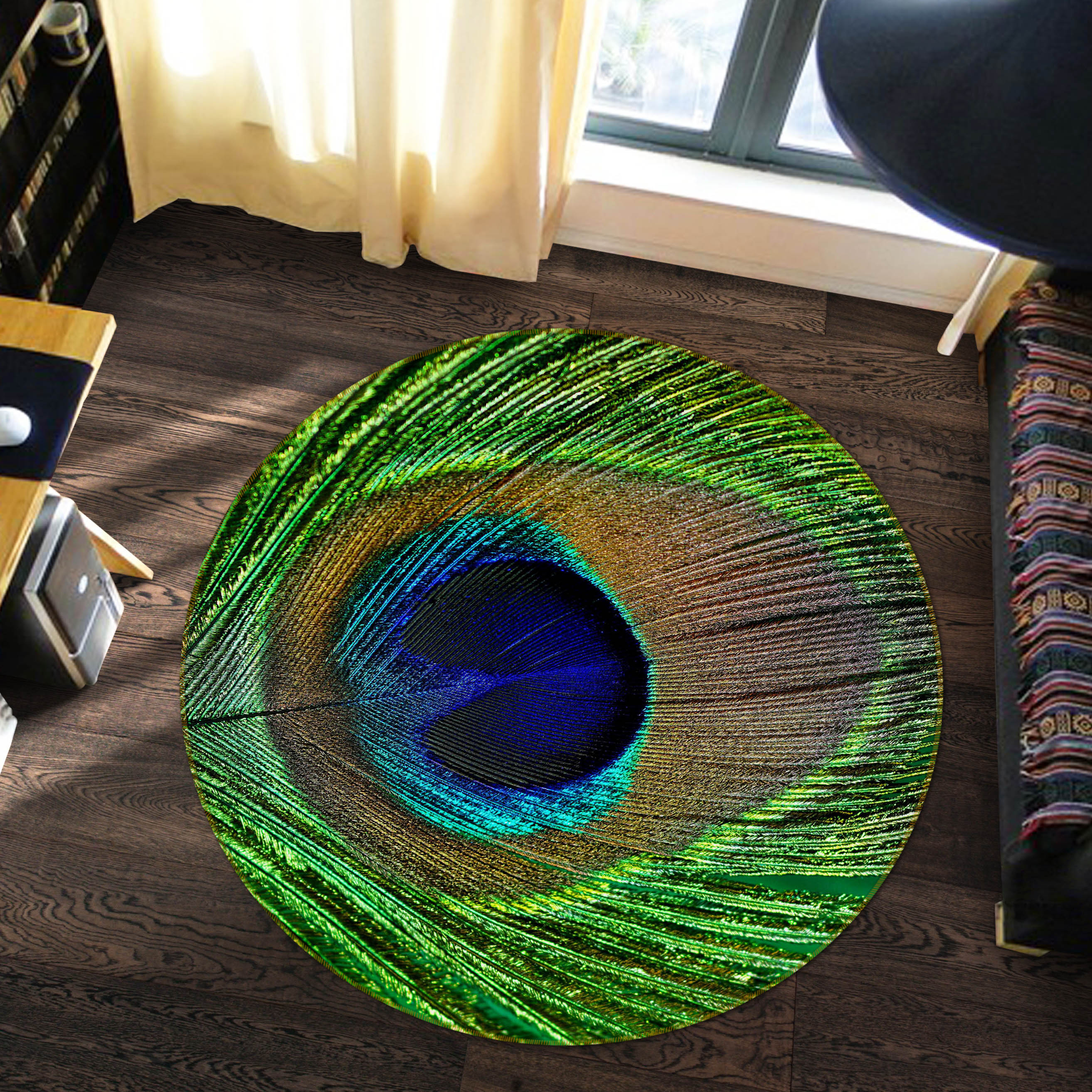 3D Peacock Feather 82024 Animal Round Non Slip Rug Mat