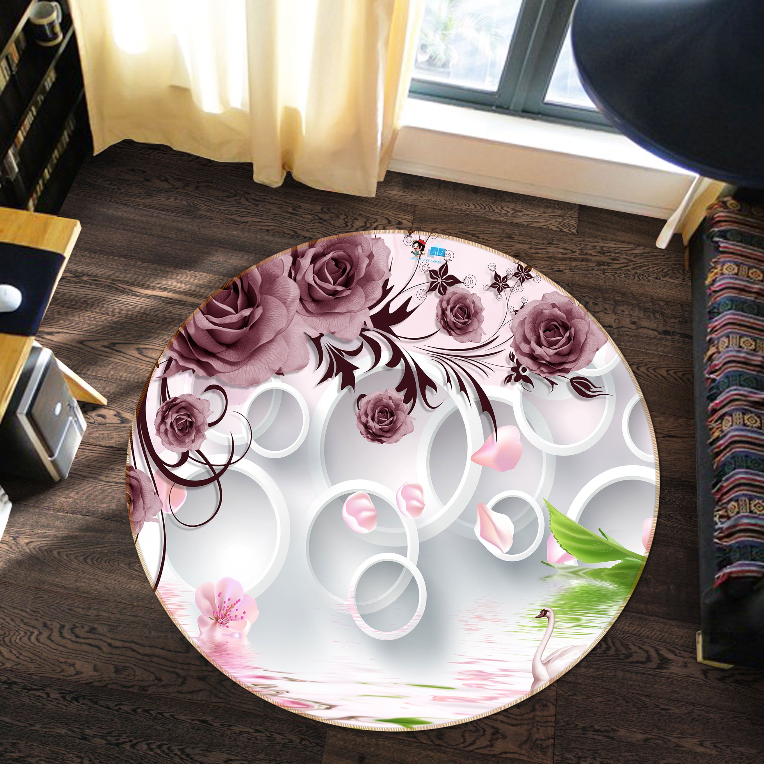 3D Circle Flowers 80243 Round Non Slip Rug Mat