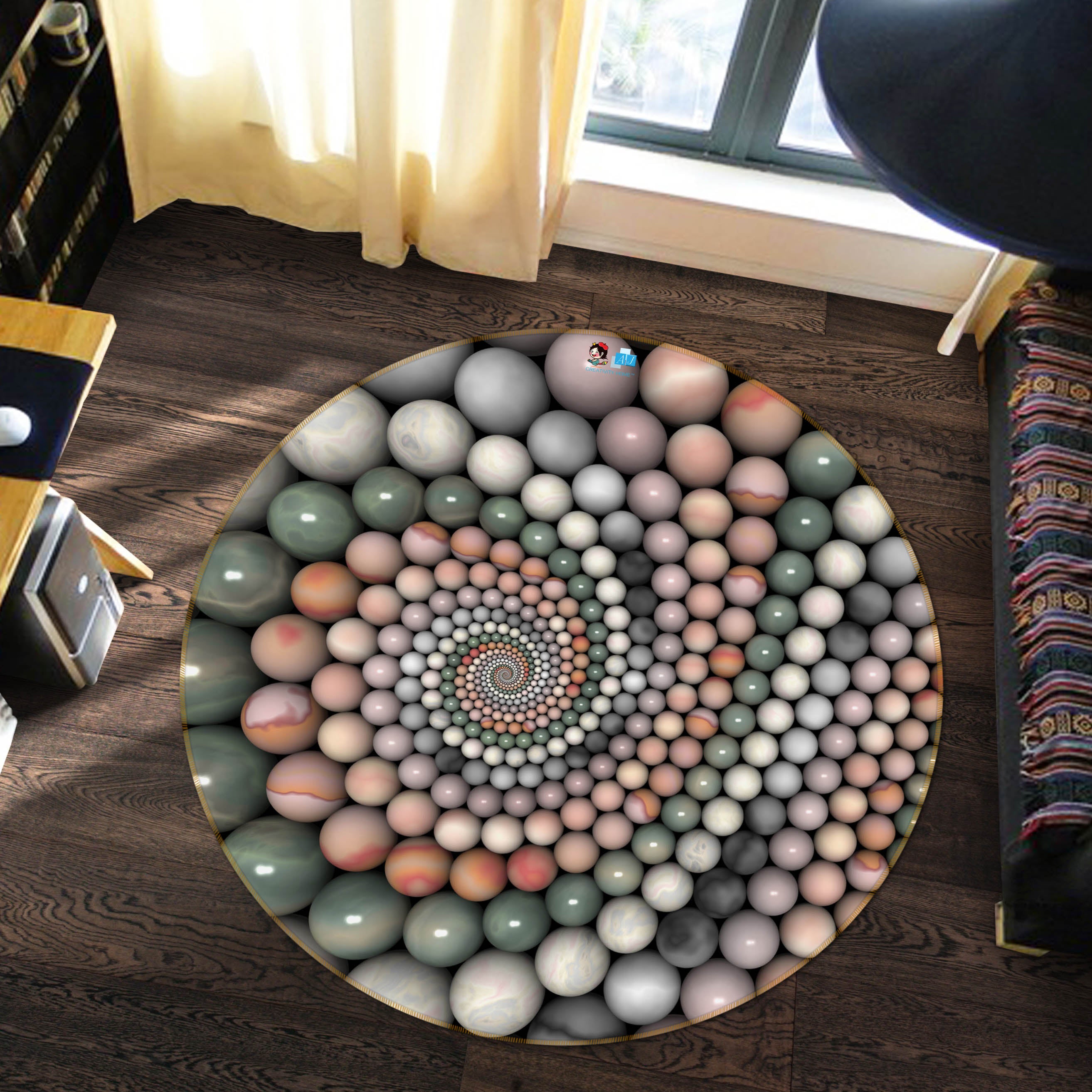 3D Circle Ball Pattern 74059 Round Non Slip Rug Mat