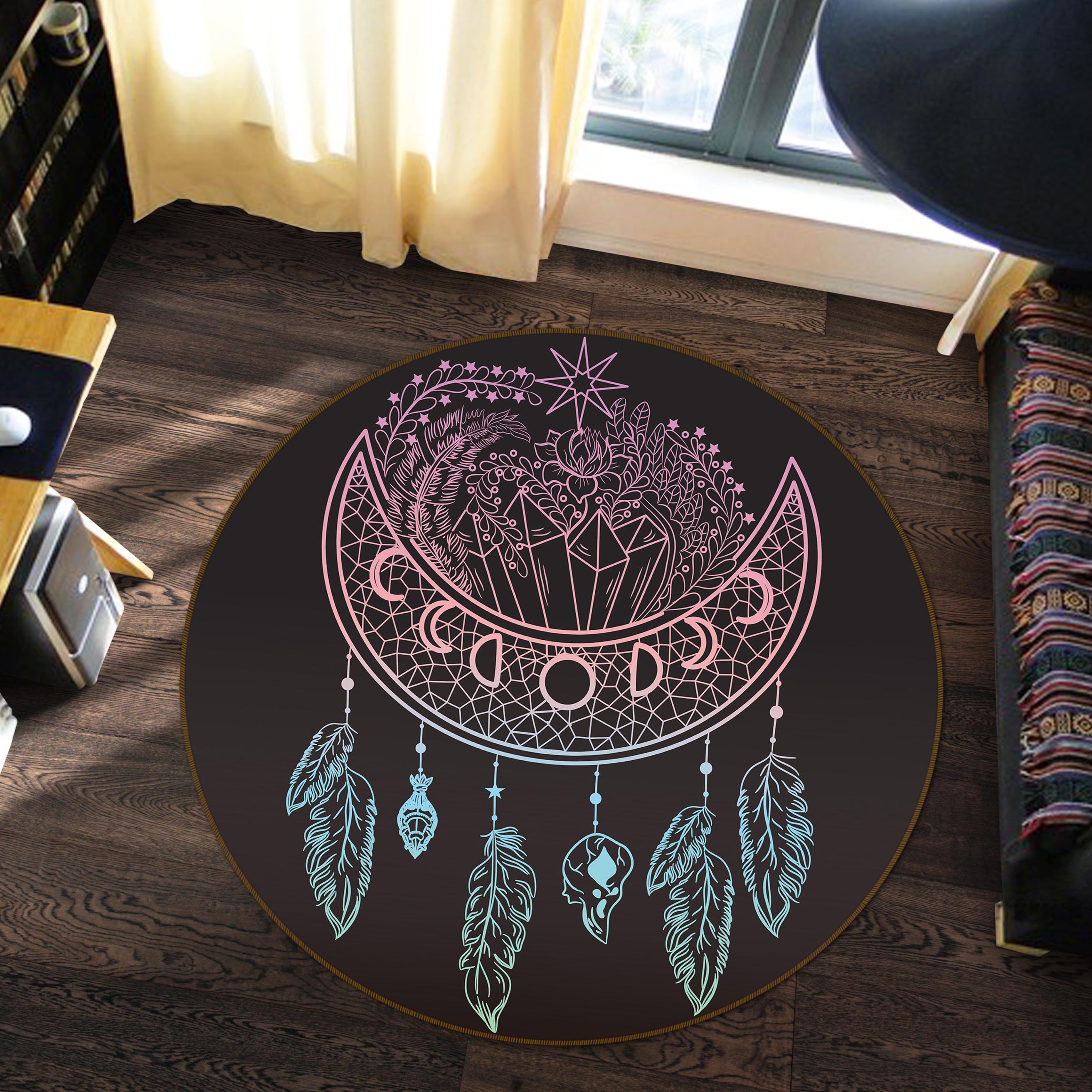3D Moon Feather Pattern 29010 Round Non Slip Rug Mat