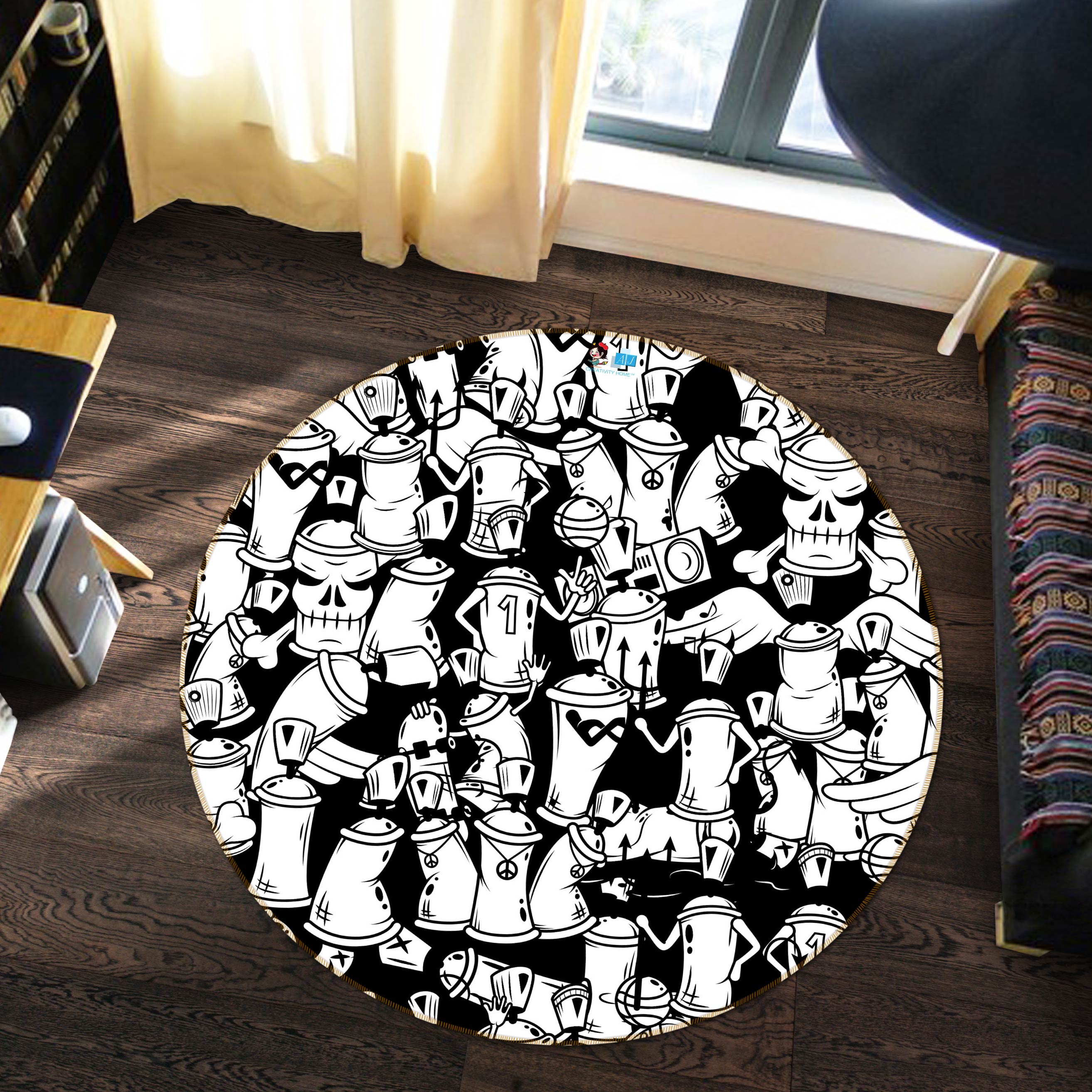 3D Black White Graffiti Spray 81226 Round Non Slip Rug Mat