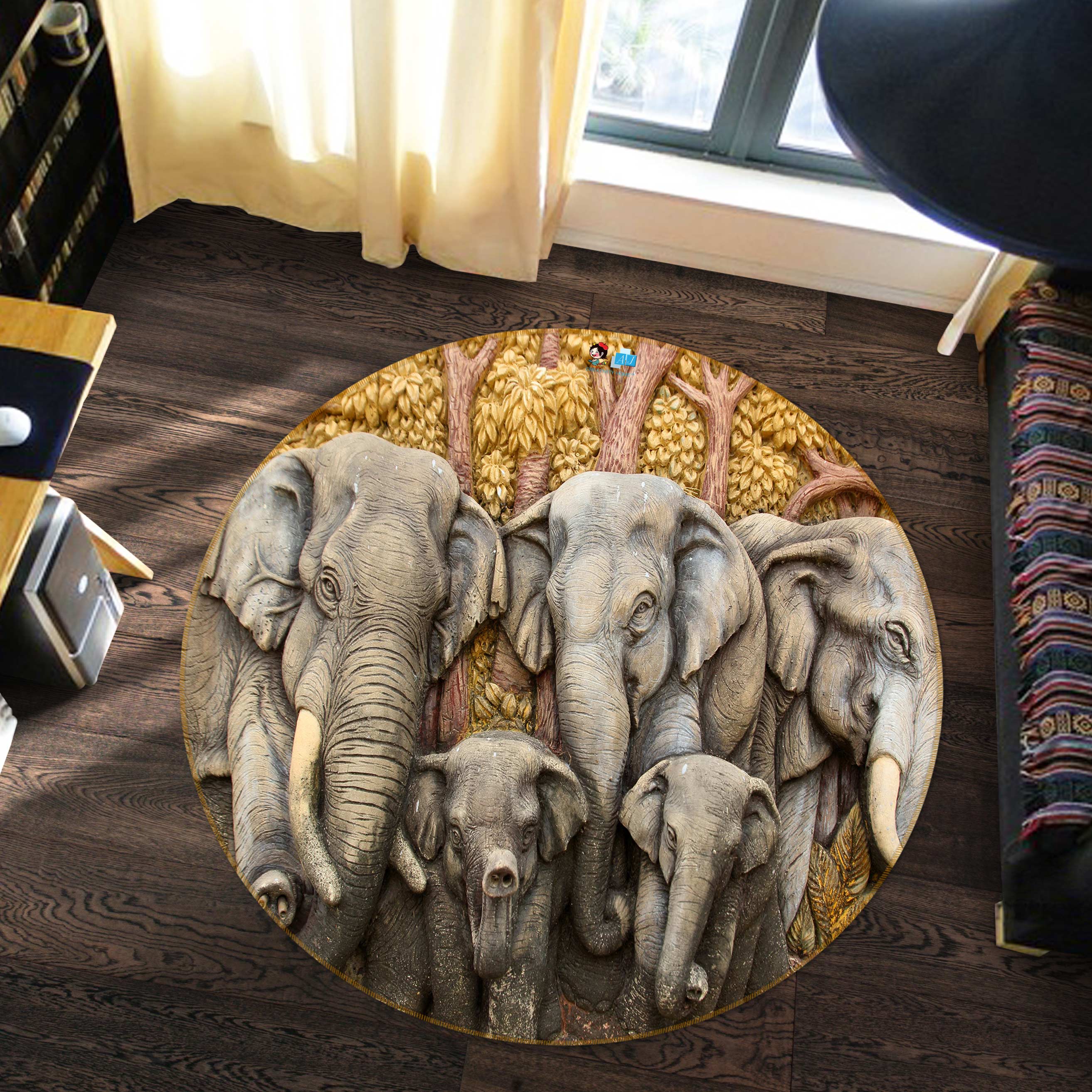 3D Elephant Statue 80252 Round Non Slip Rug Mat