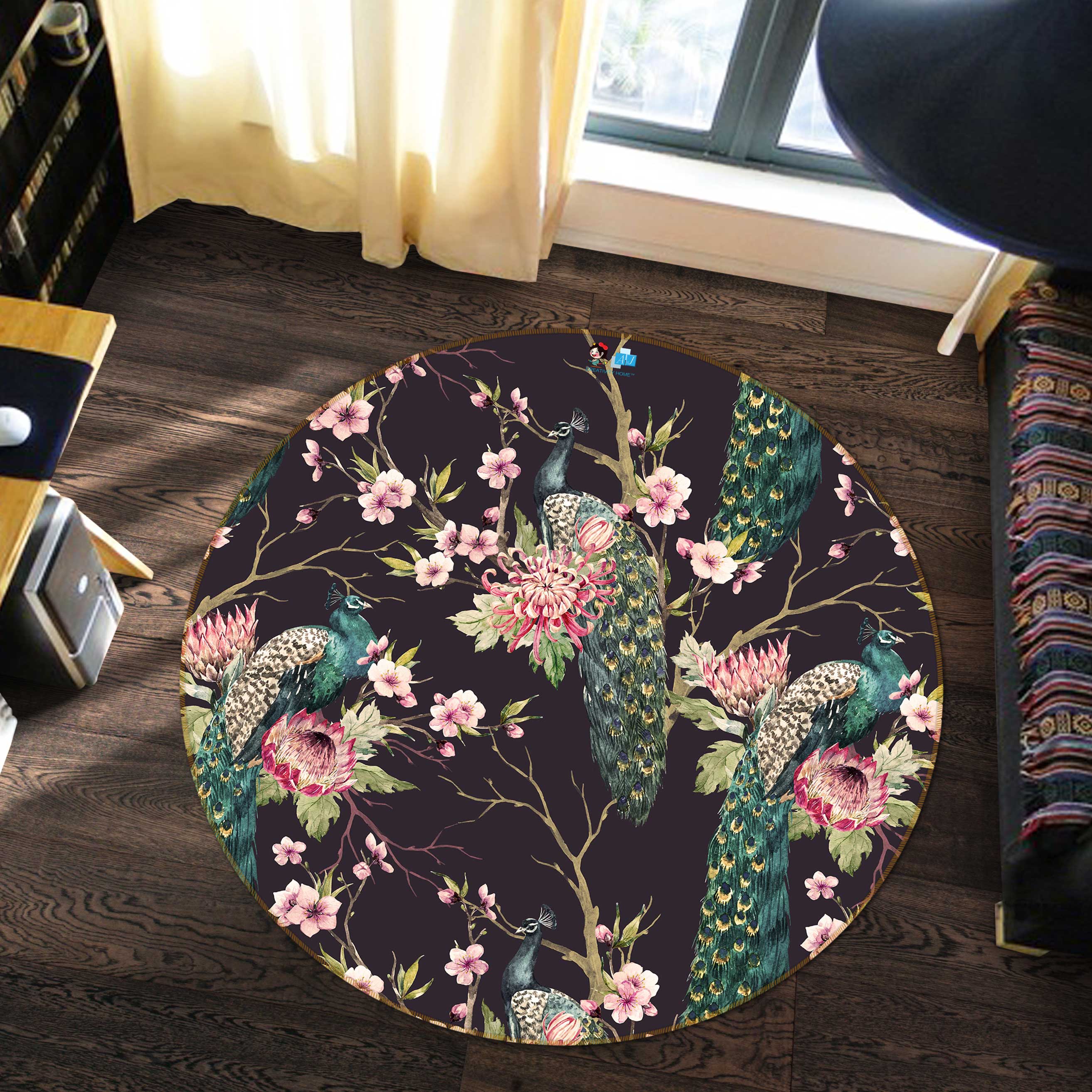 3D Peacock Flower 72186 Round Non Slip Rug Mat
