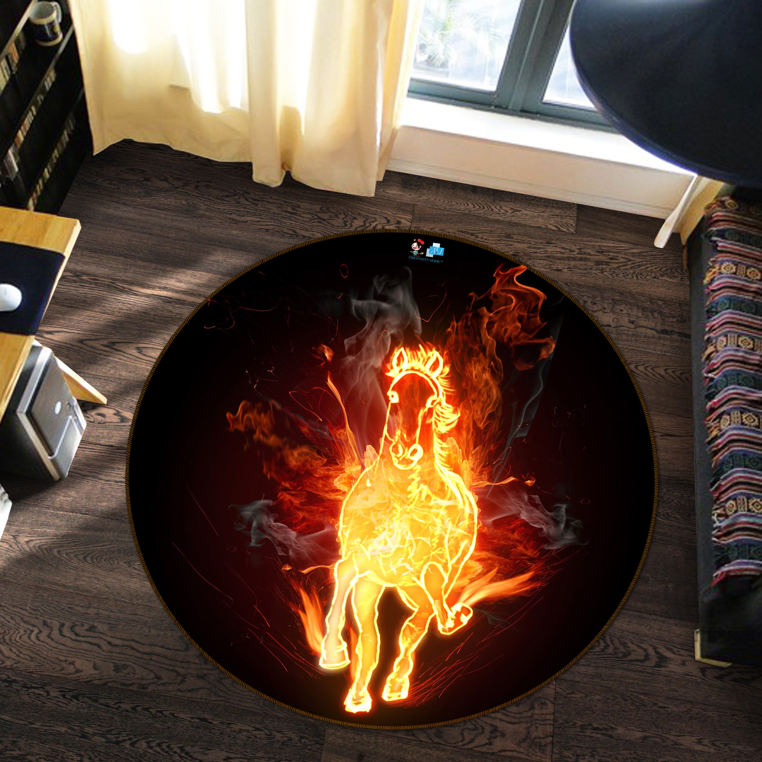 3D Flame Horse 72234 Round Non Slip Rug Mat