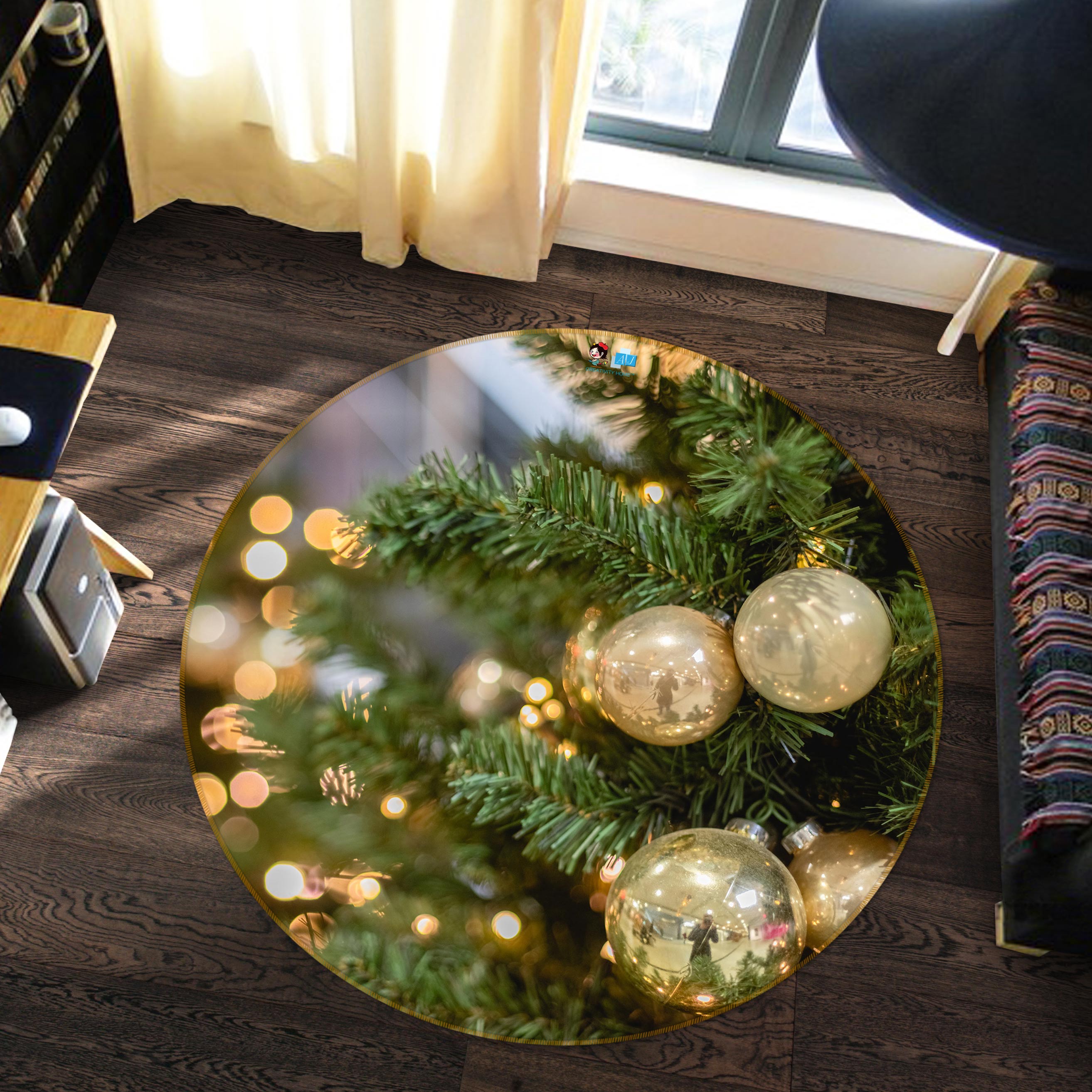 3D Branches White Ball 54097 Christmas Round Non Slip Rug Mat Xmas