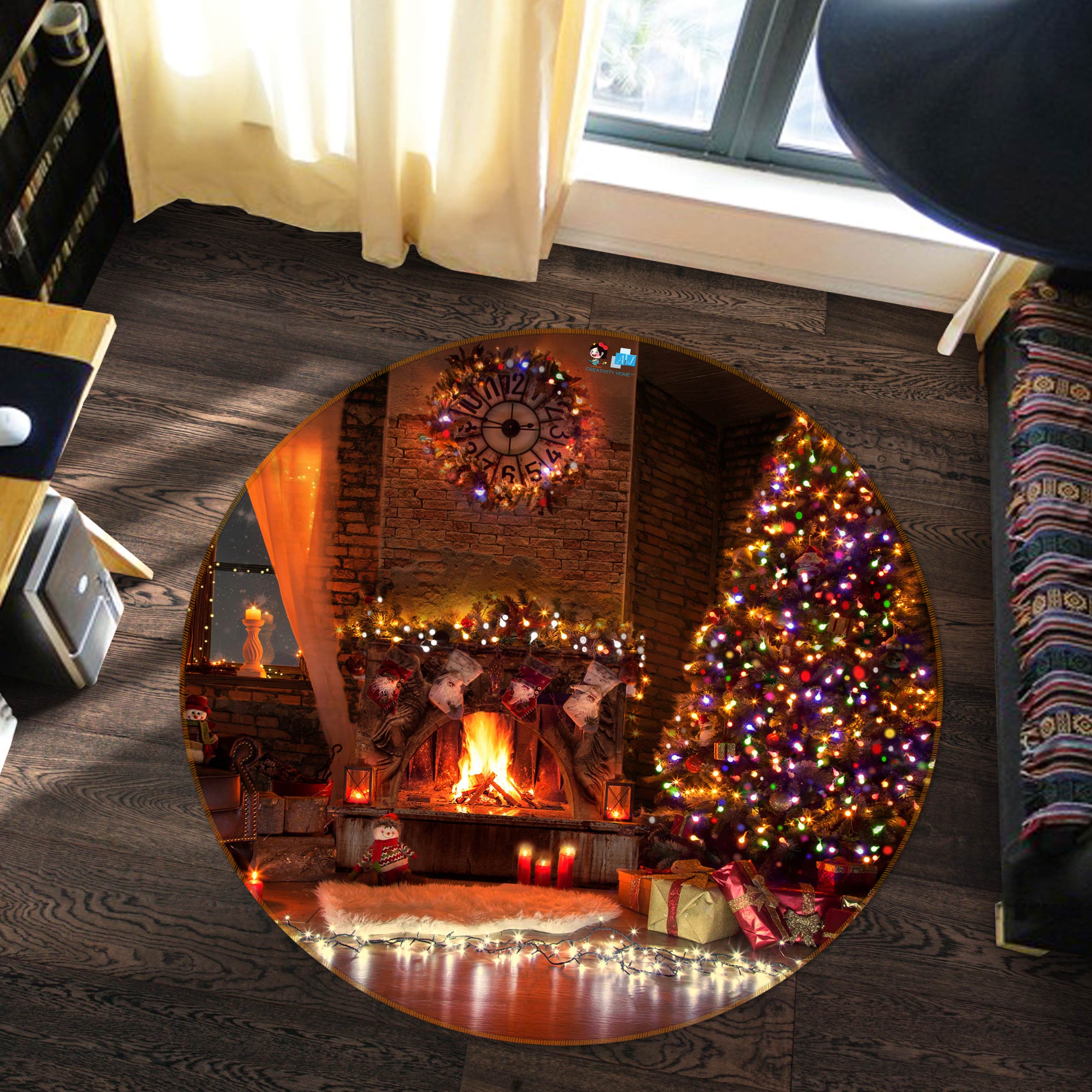 3D Fireplace Tree 54096 Christmas Round Non Slip Rug Mat Xmas