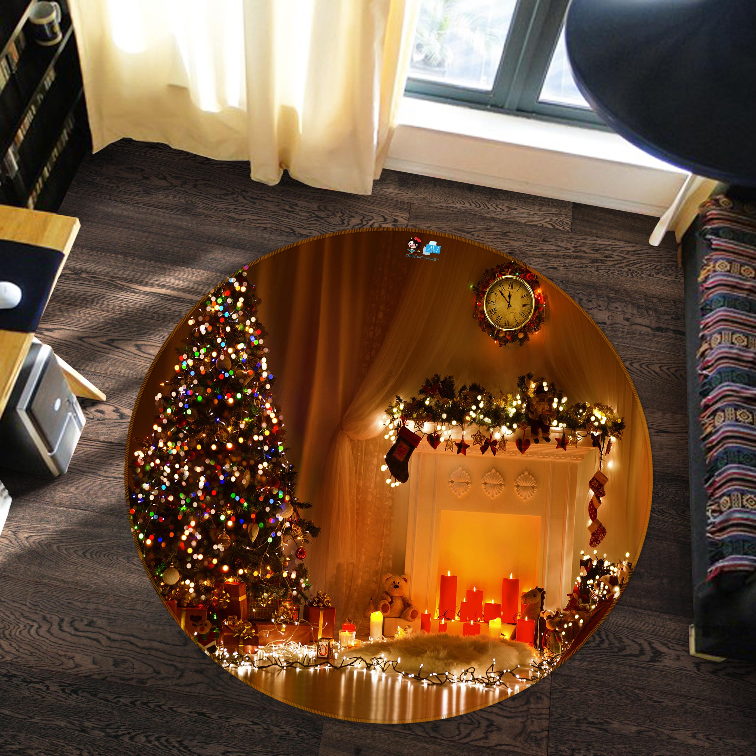 3D Tree String Lights 54017 Christmas Round Non Slip Rug Mat Xmas