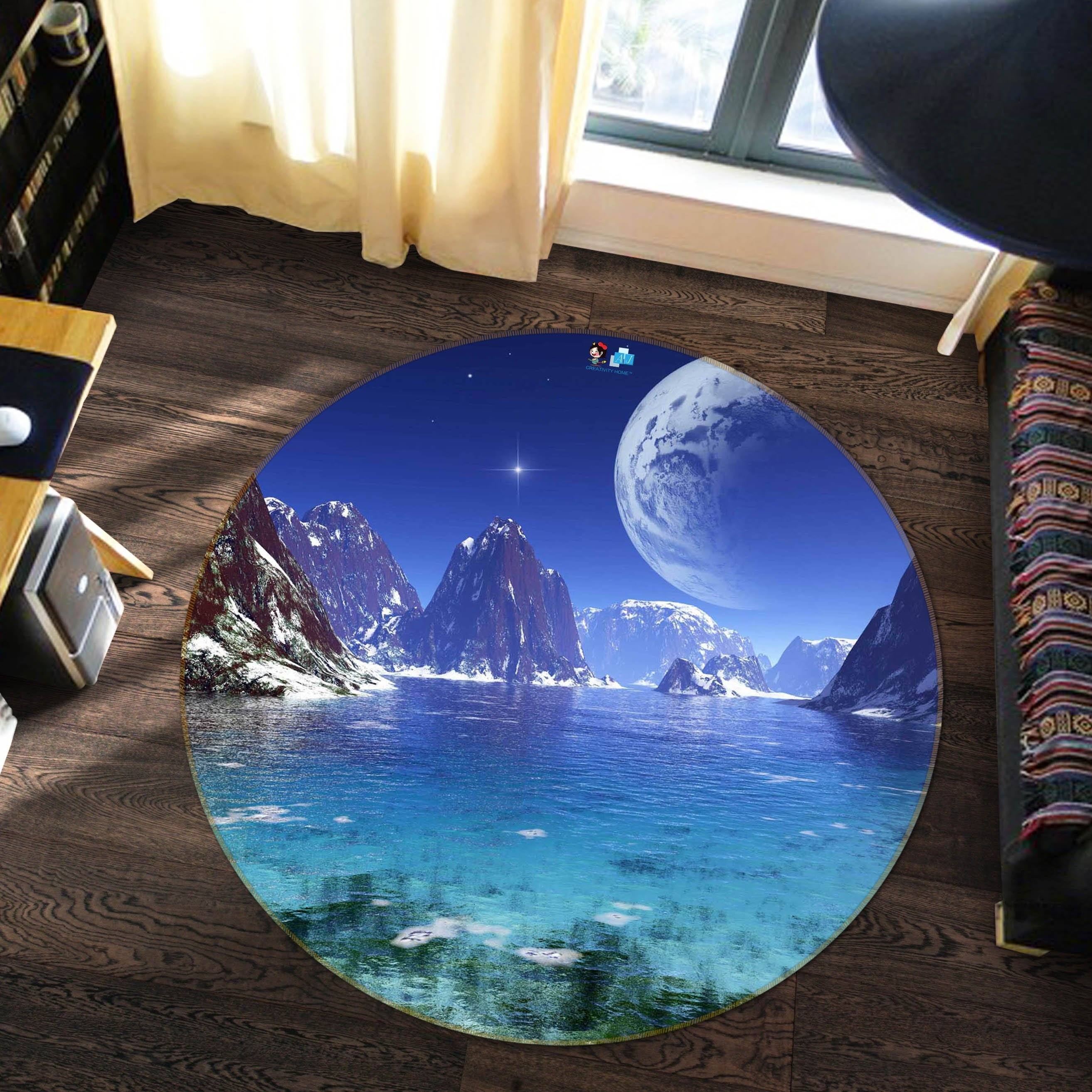 3D Blue Lake Mountains 108 Round Non Slip Rug Mat Mat AJ Creativity Home