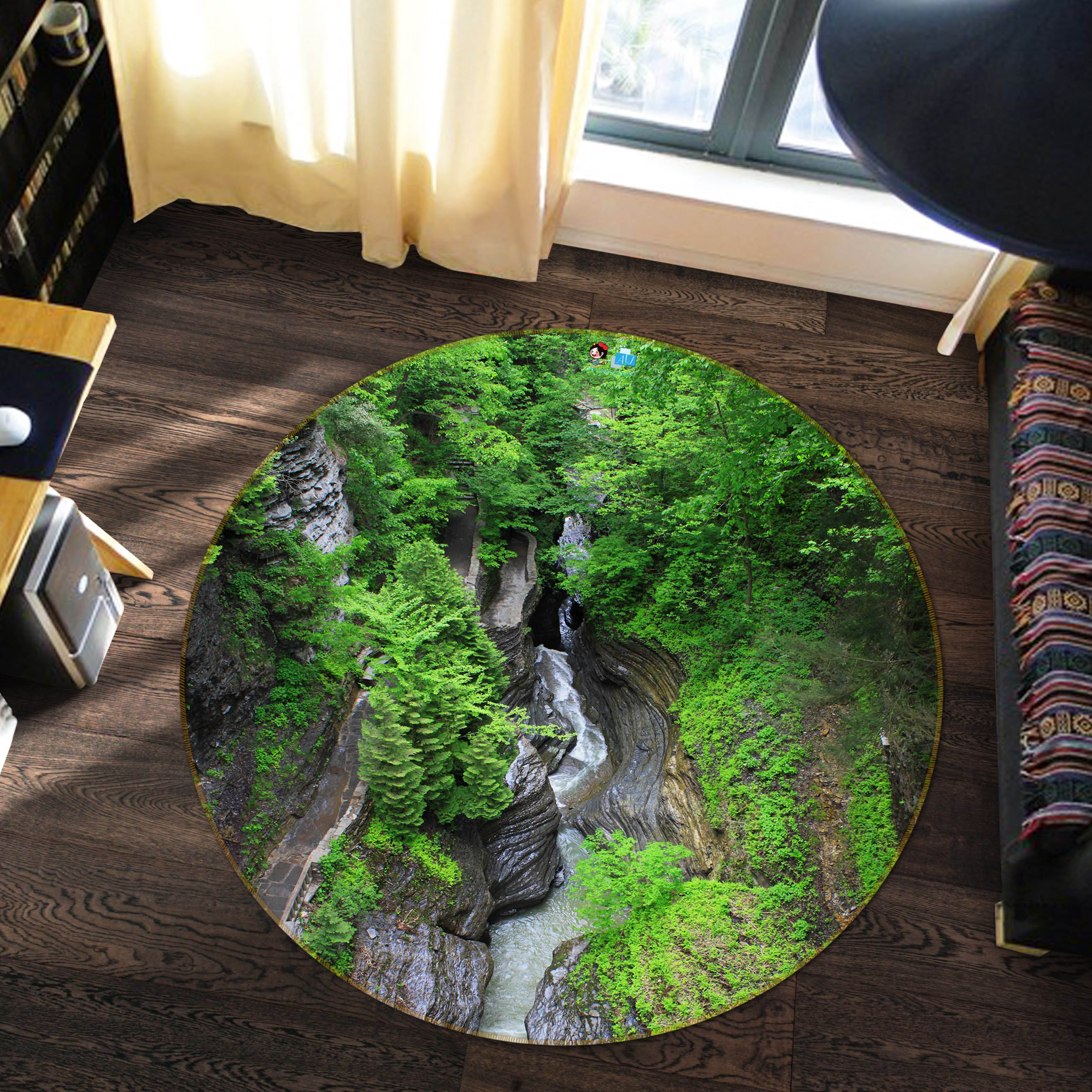 3D Jungle Mountain Stream 74075 Round Non Slip Rug Mat