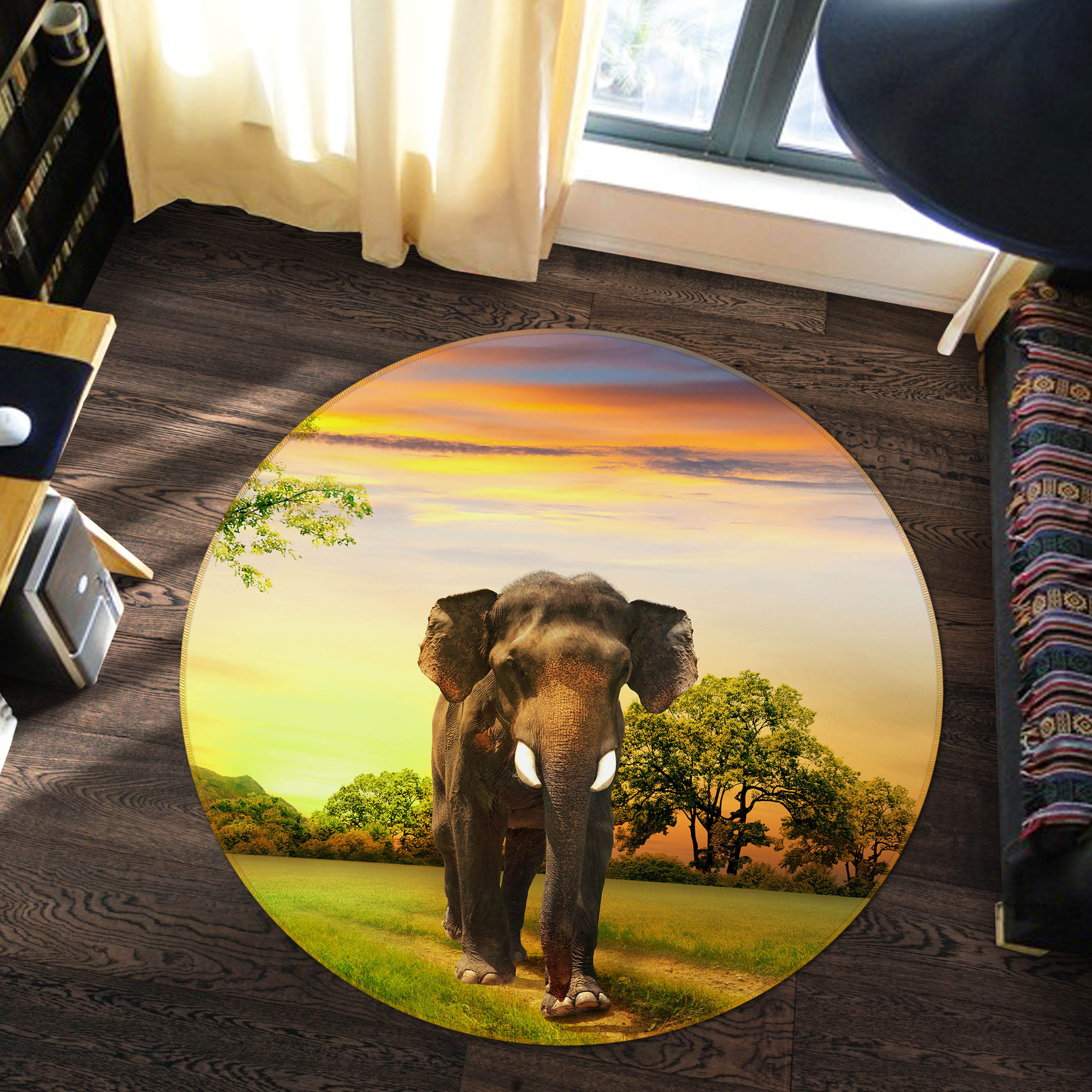 3D Elephant 37230 Animal Round Non Slip Rug Mat