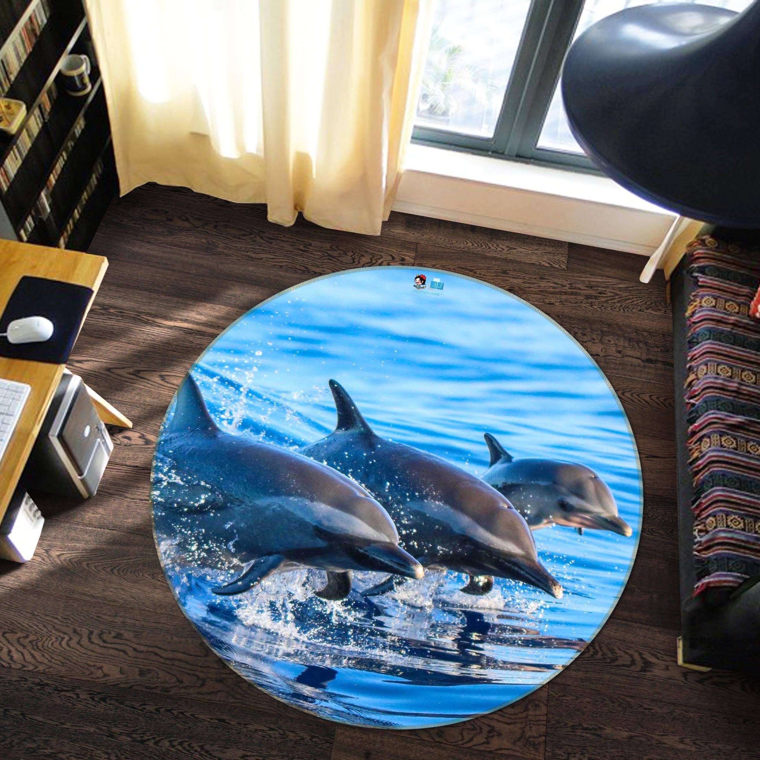 3D Sea Jumping Dolphins 65 Round Non Slip Rug Mat Mat AJ Creativity Home