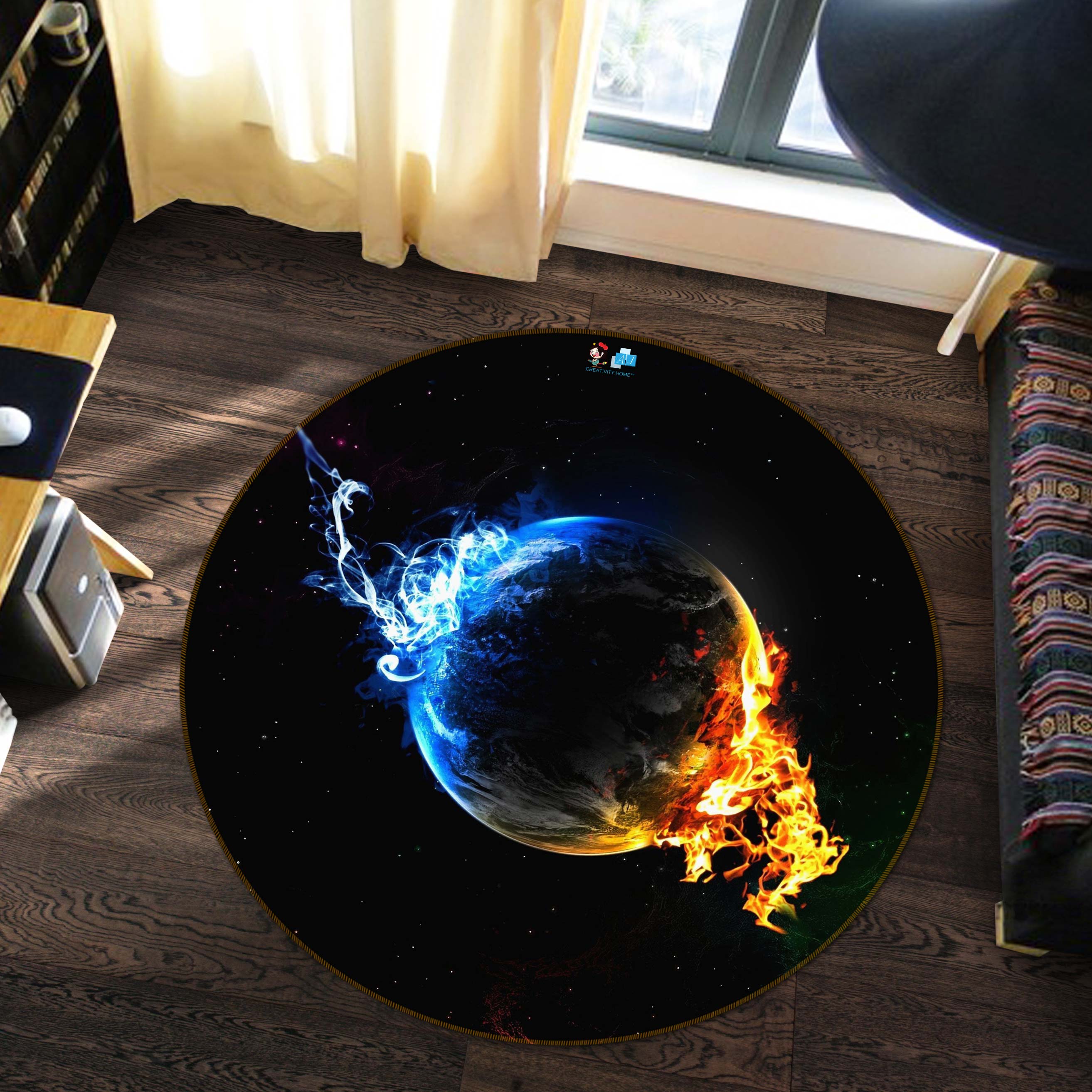 3D Flame Earth 72235 Round Non Slip Rug Mat