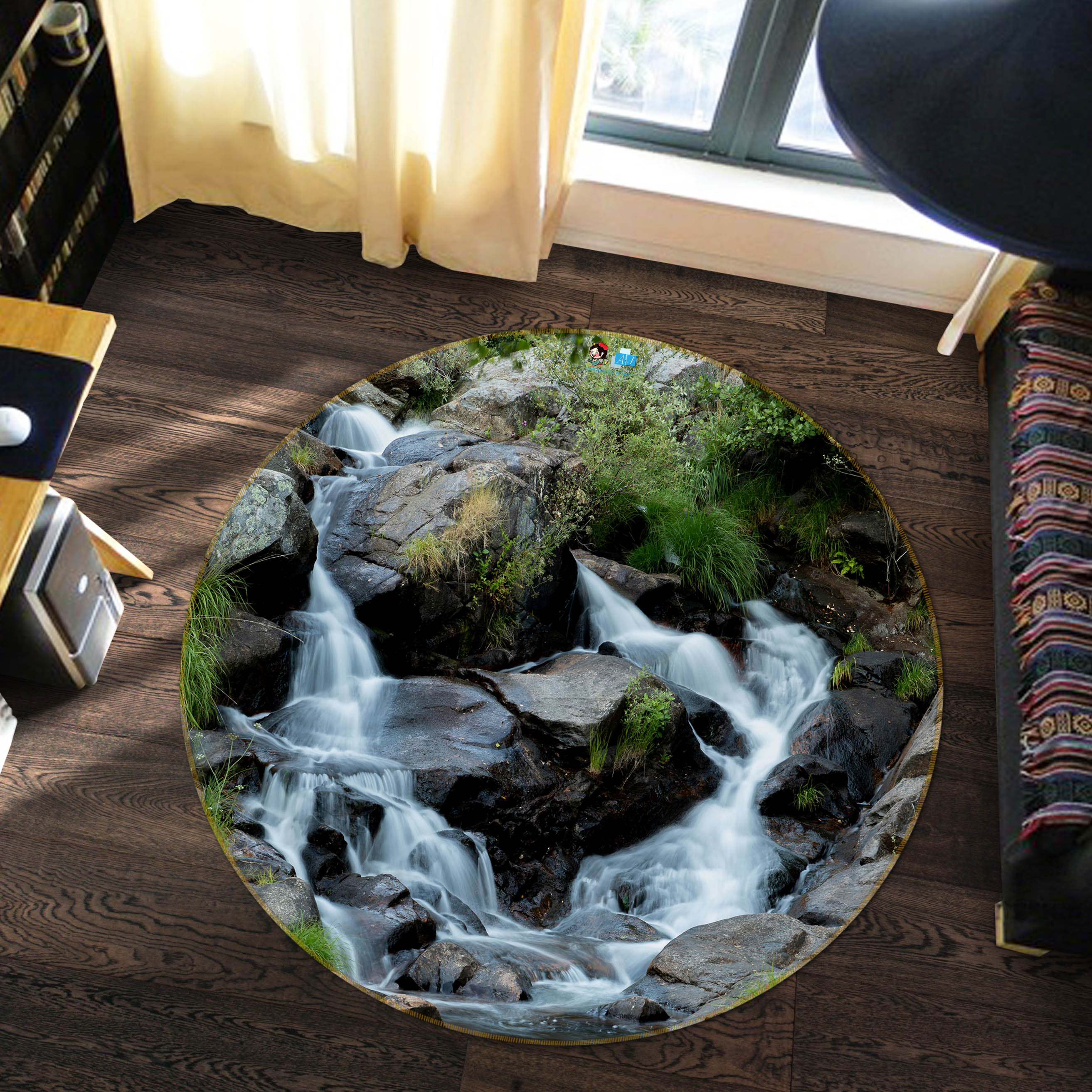 3D Stone Running Water 69122 Round Non Slip Rug Mat
