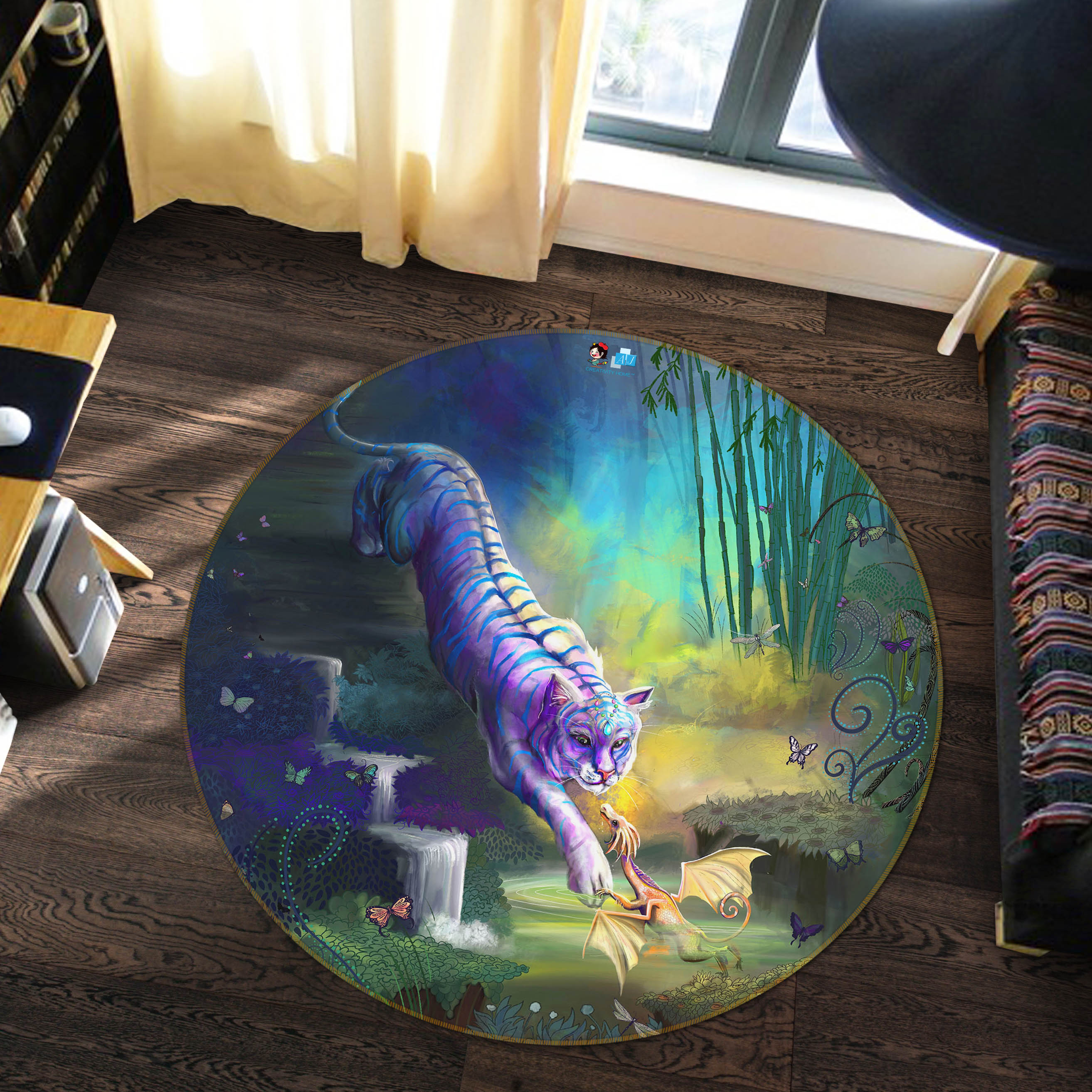 3D Jungle Purple Tiger 83172 Rose Catherine Khan Rug Round Non Slip Rug Mat