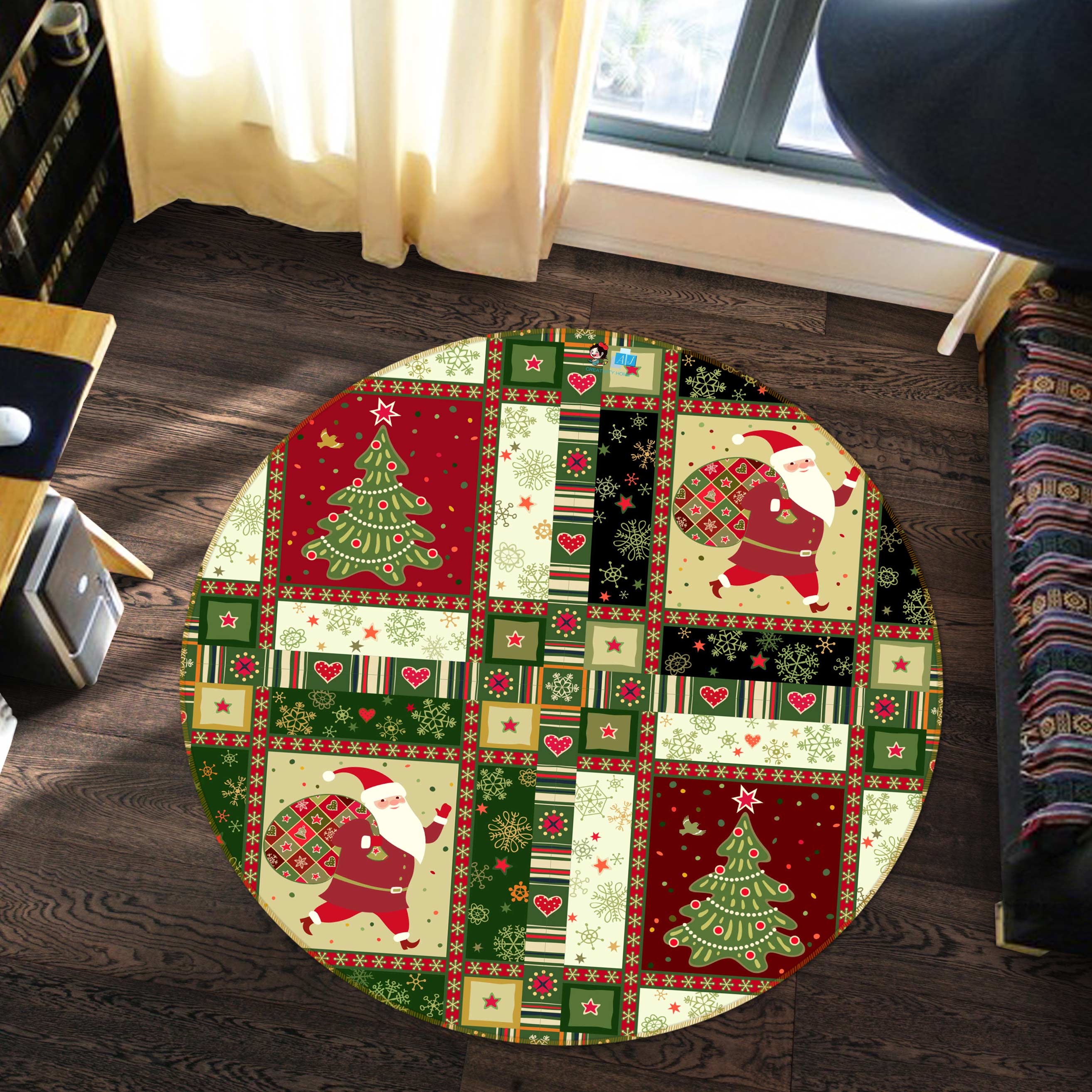 3D Tree Santa 54047 Christmas Round Non Slip Rug Mat Xmas