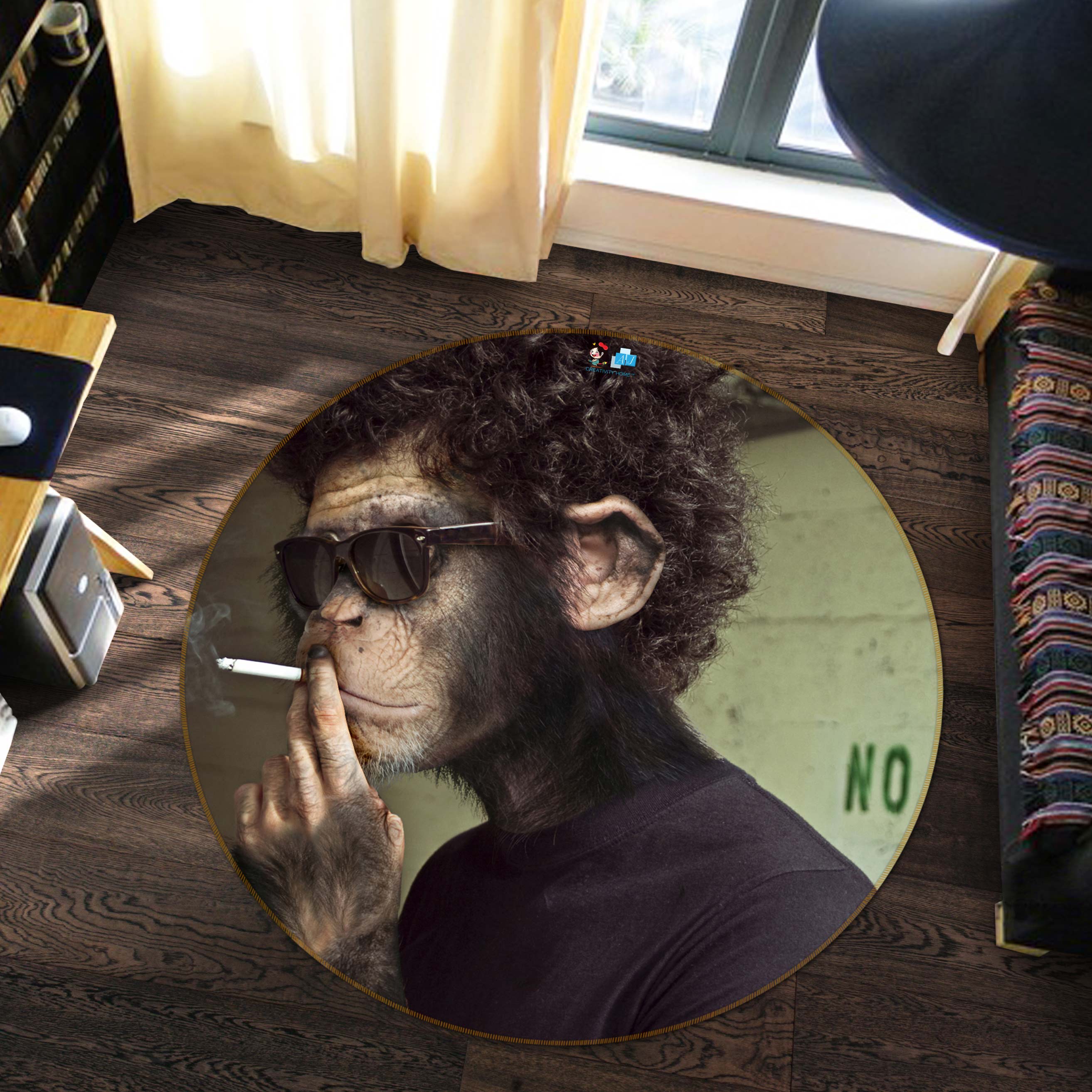 3D Monkey Smoking 72288 Round Non Slip Rug Mat