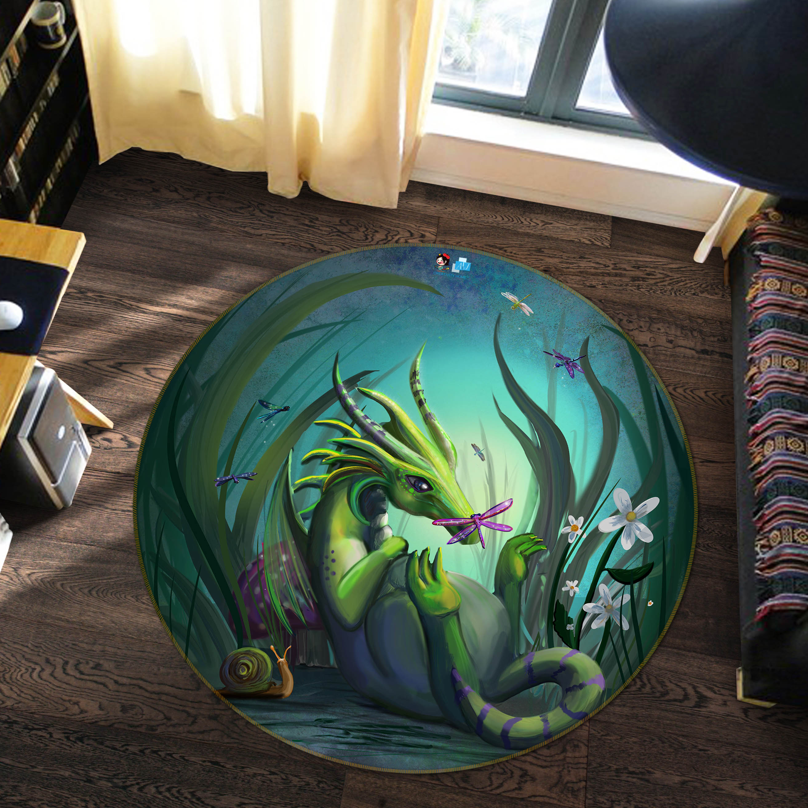 3D Green Dinosaur 83152 Rose Catherine Khan Rug Round Non Slip Rug Mat