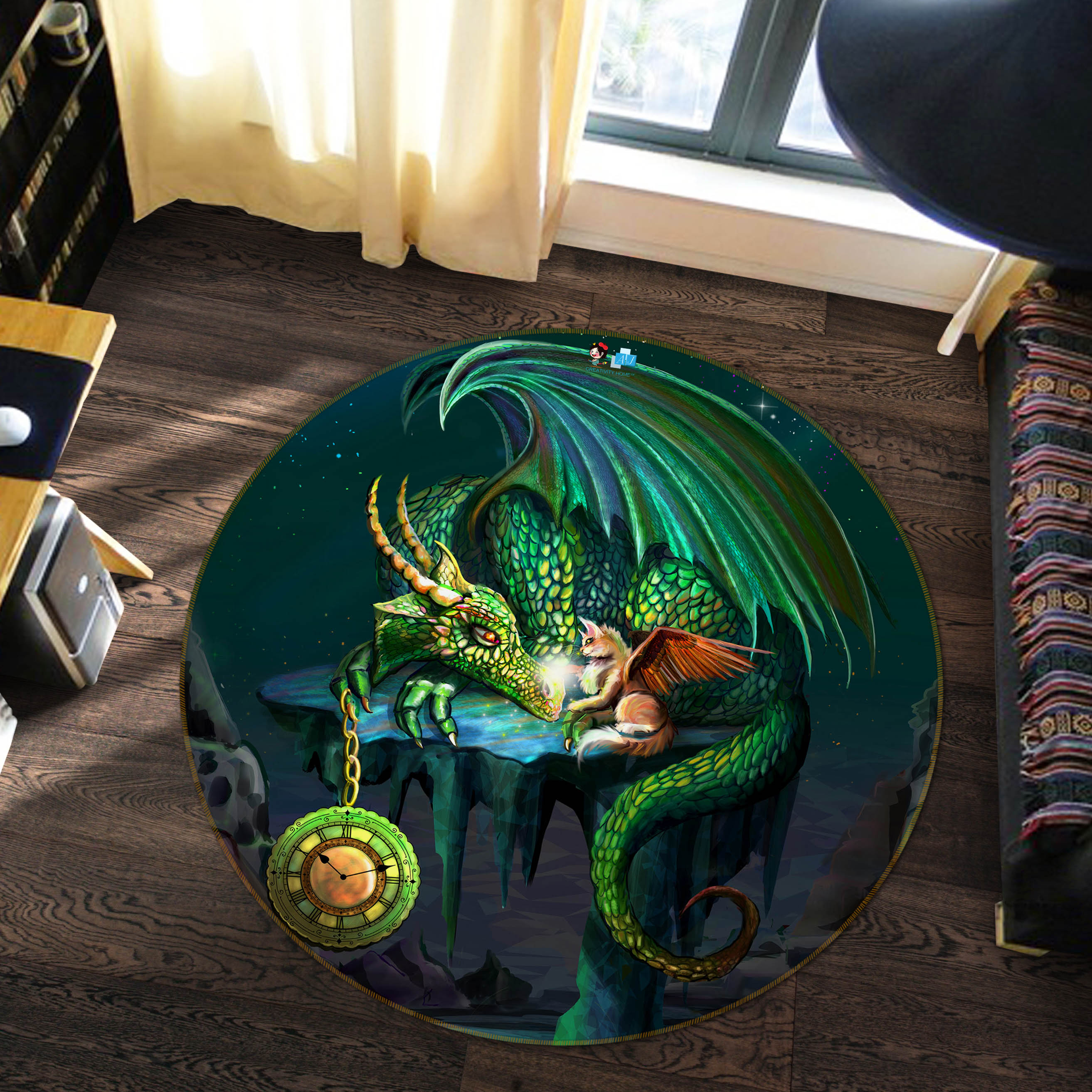 3D Green Clock Dinosaur 83175 Rose Catherine Khan Rug Round Non Slip Rug Mat