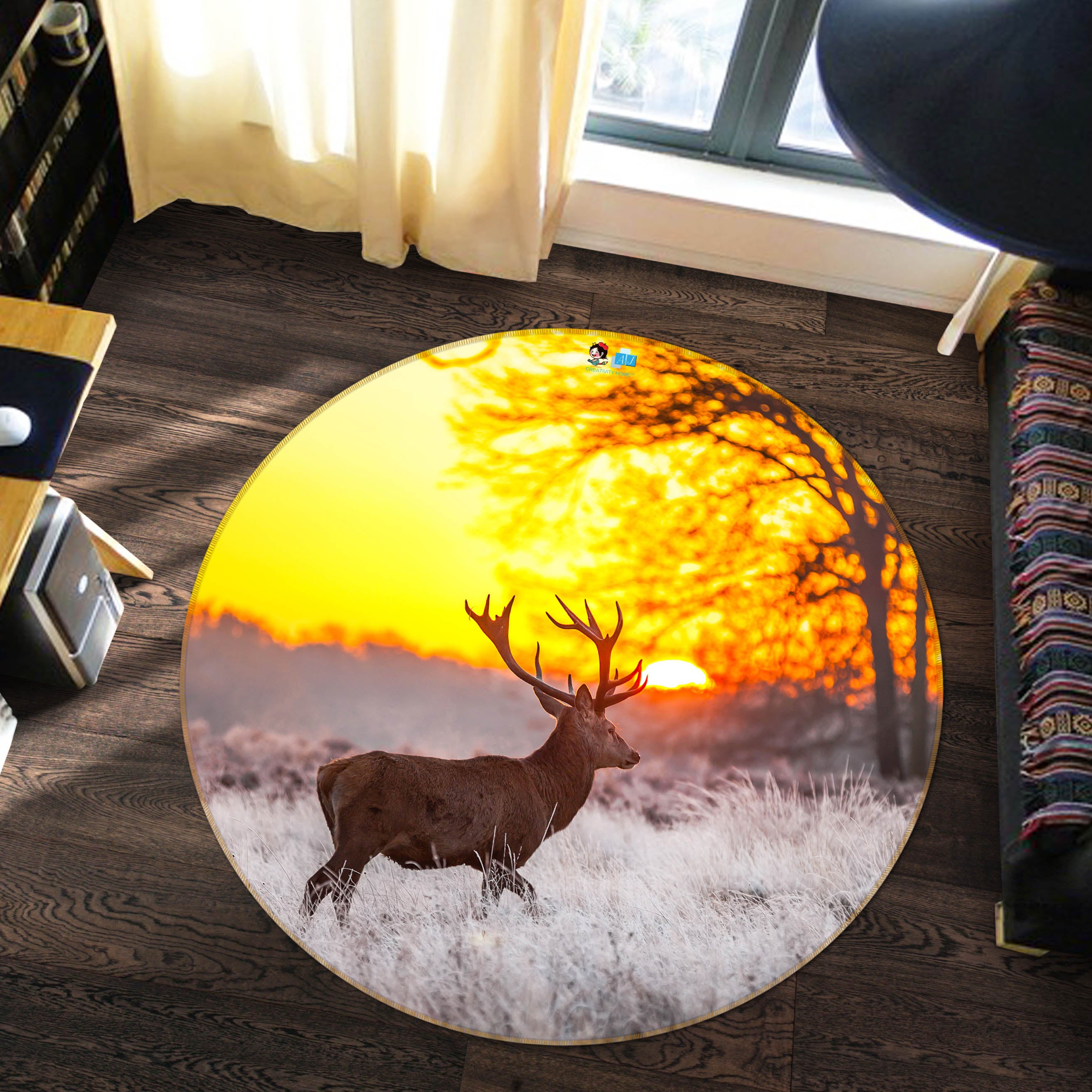 3D Dusk Deer 74133 Round Non Slip Rug Mat