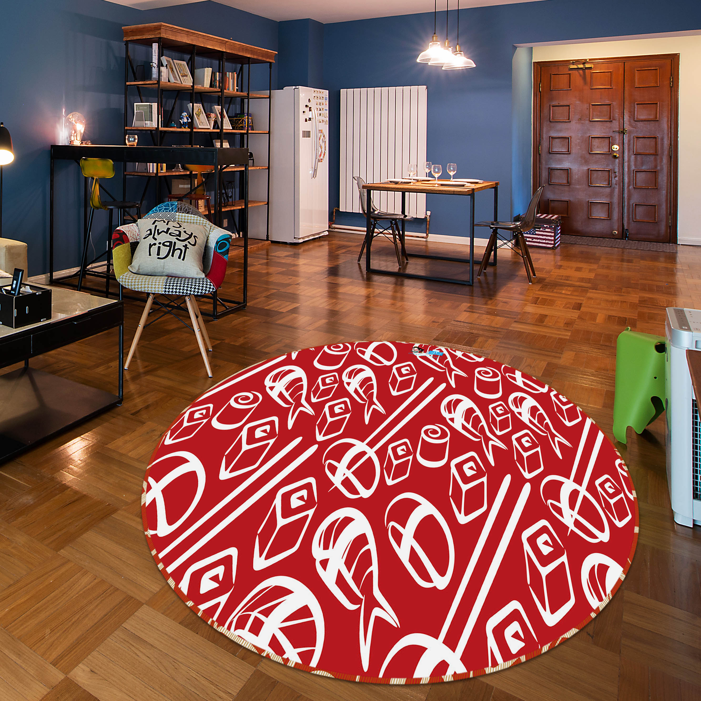 3D Red Chopsticks Sushi 74036 Round Non Slip Rug Mat