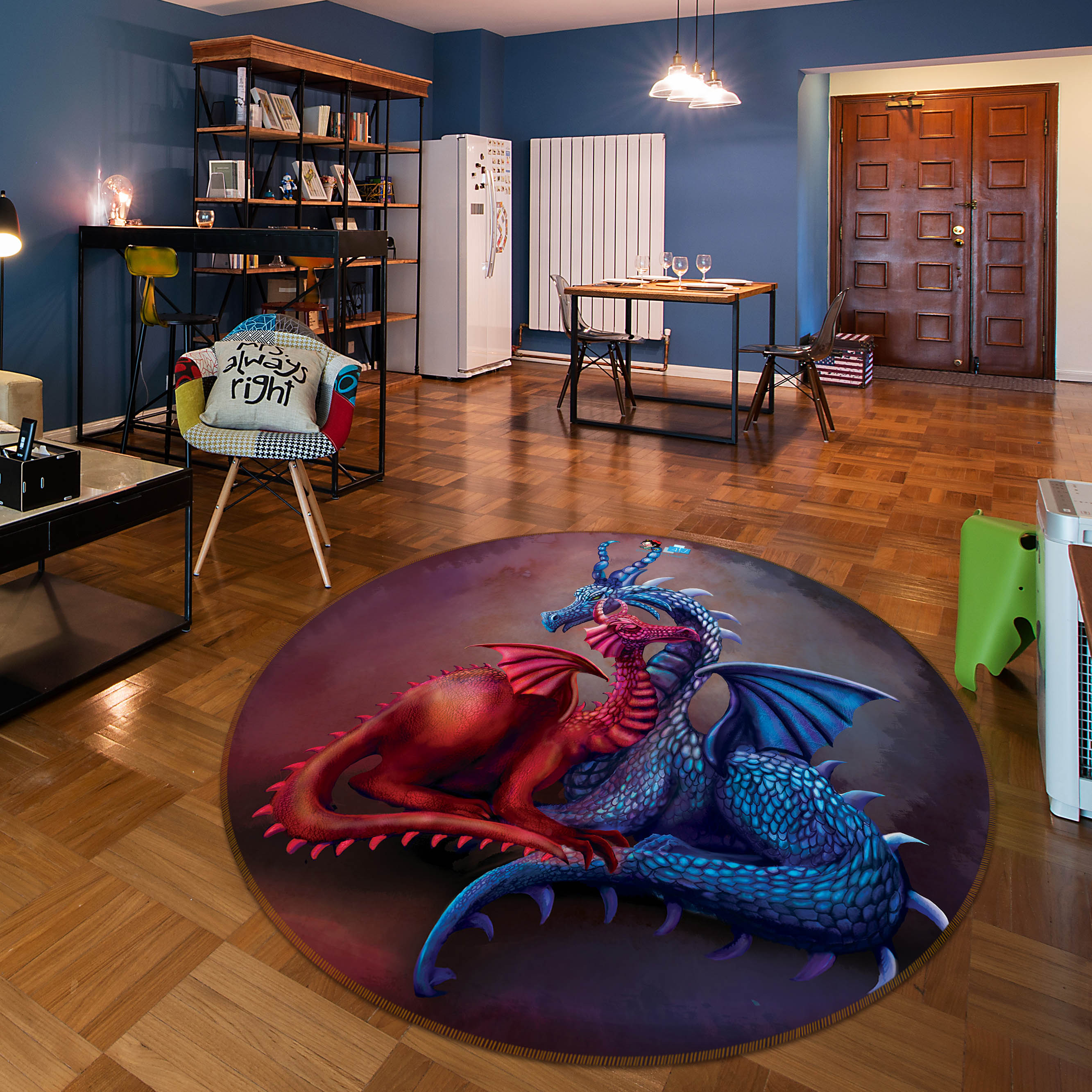 3D Red Blue Dinosaur 83158 Rose Catherine Khan Rug Round Non Slip Rug Mat
