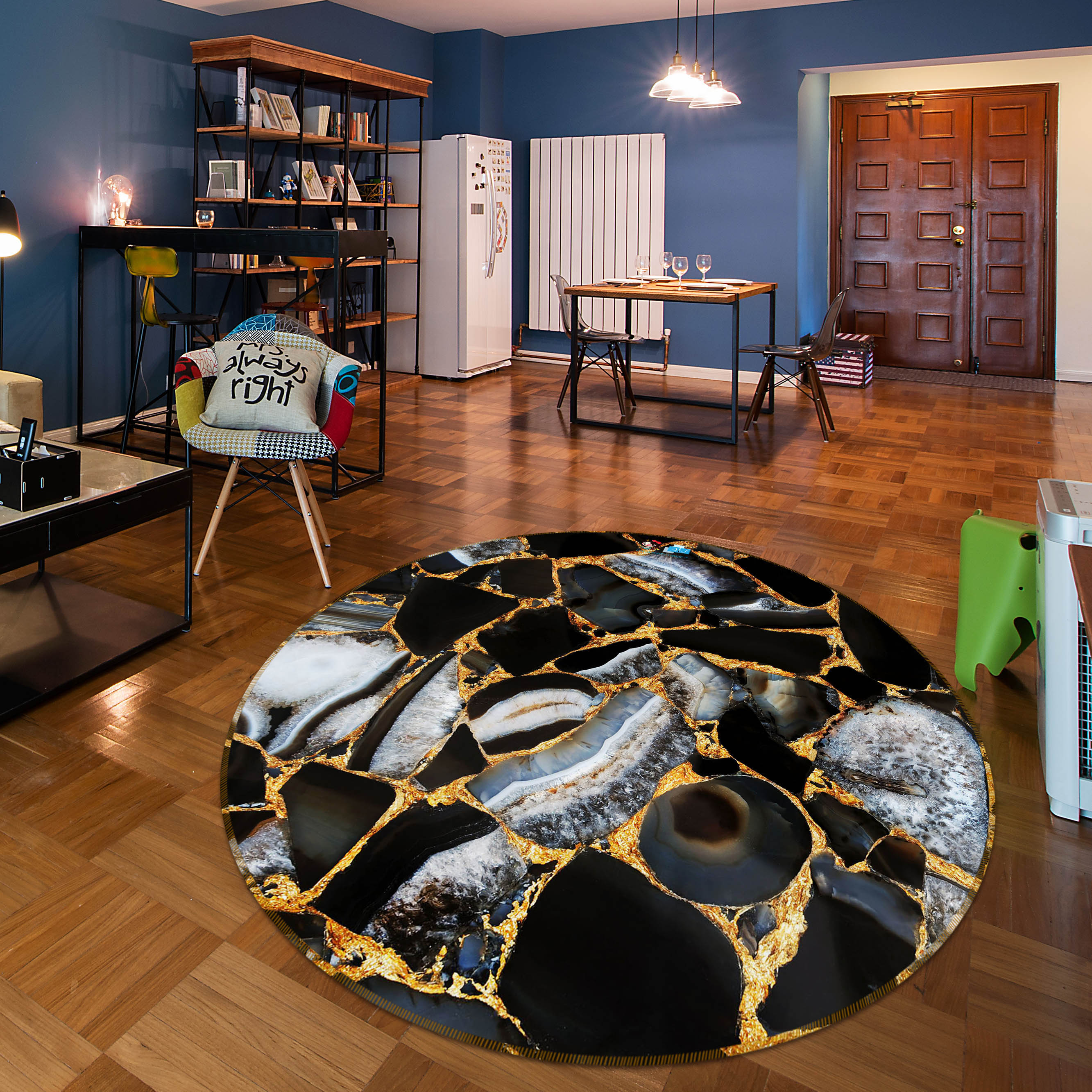 3D Black Gold Marble Pattern 71130 Round Non Slip Rug Mat
