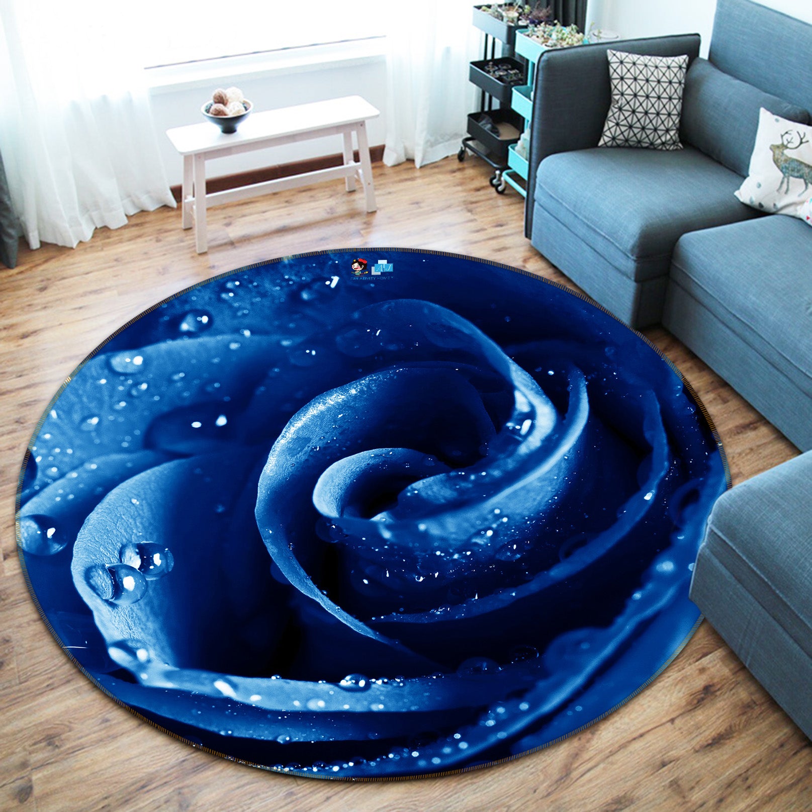 3D Blue Rose 72063 Round Non Slip Rug Mat