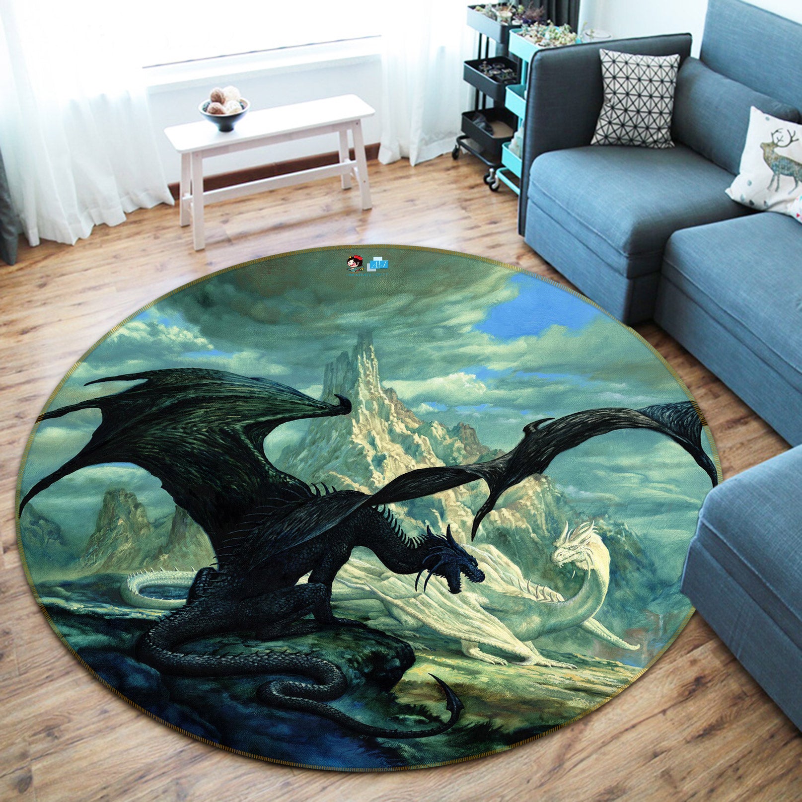 3D Black Dragon Snow Mountain 6121 Ciruelo Rug Round Non Slip Rug Mat
