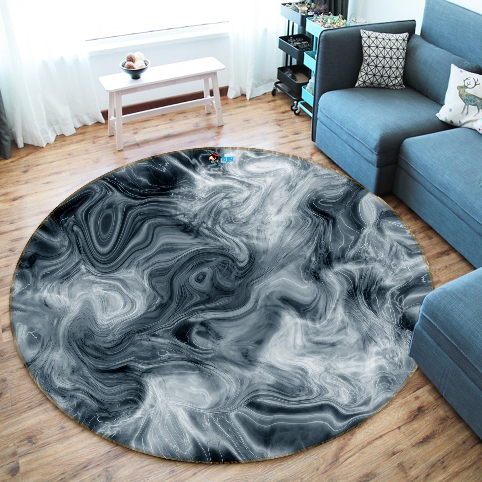 3D Black-Gray Texture 69194 Round Non Slip Rug Mat