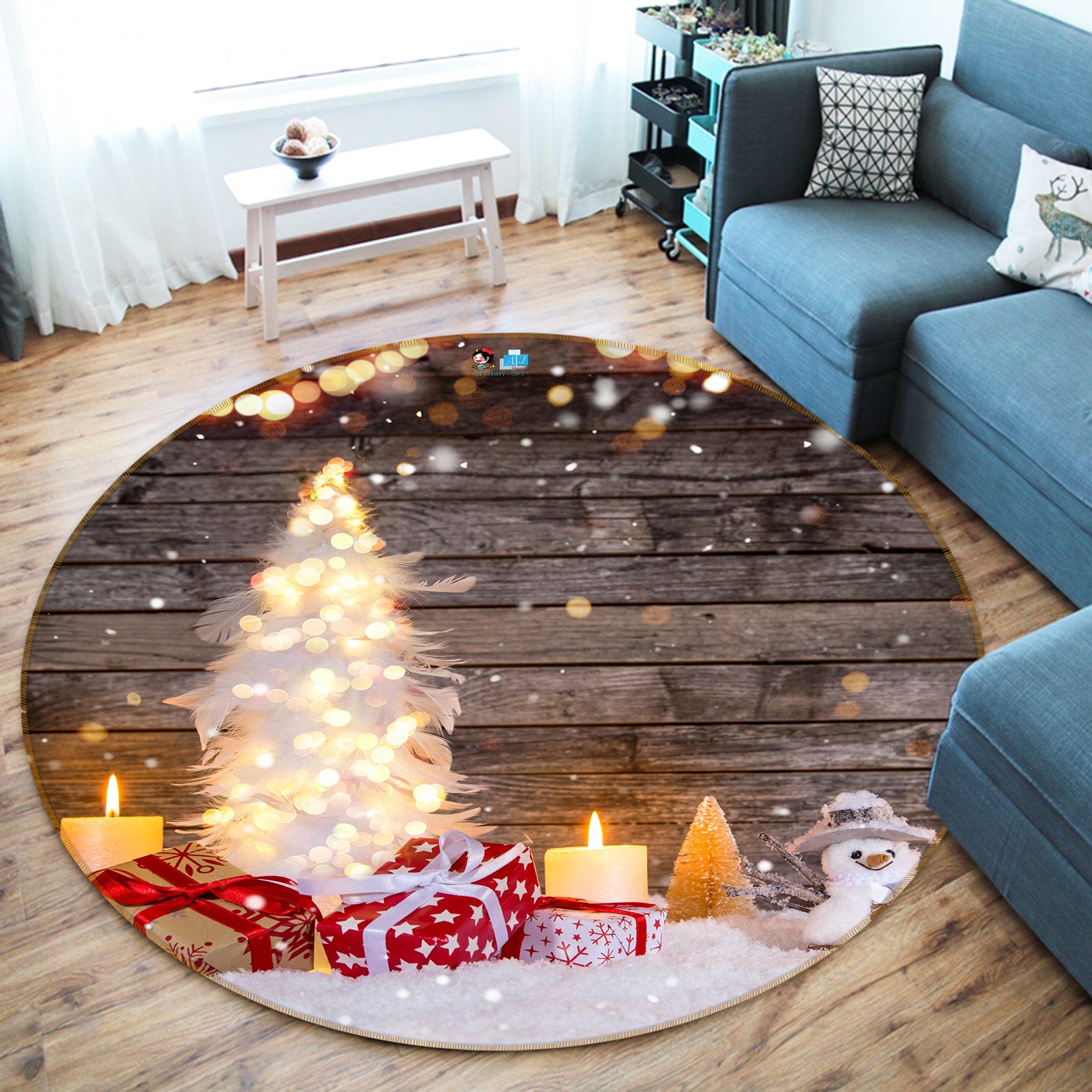 3D White Snow Tree Gift 54071 Christmas Round Non Slip Rug Mat Xmas
