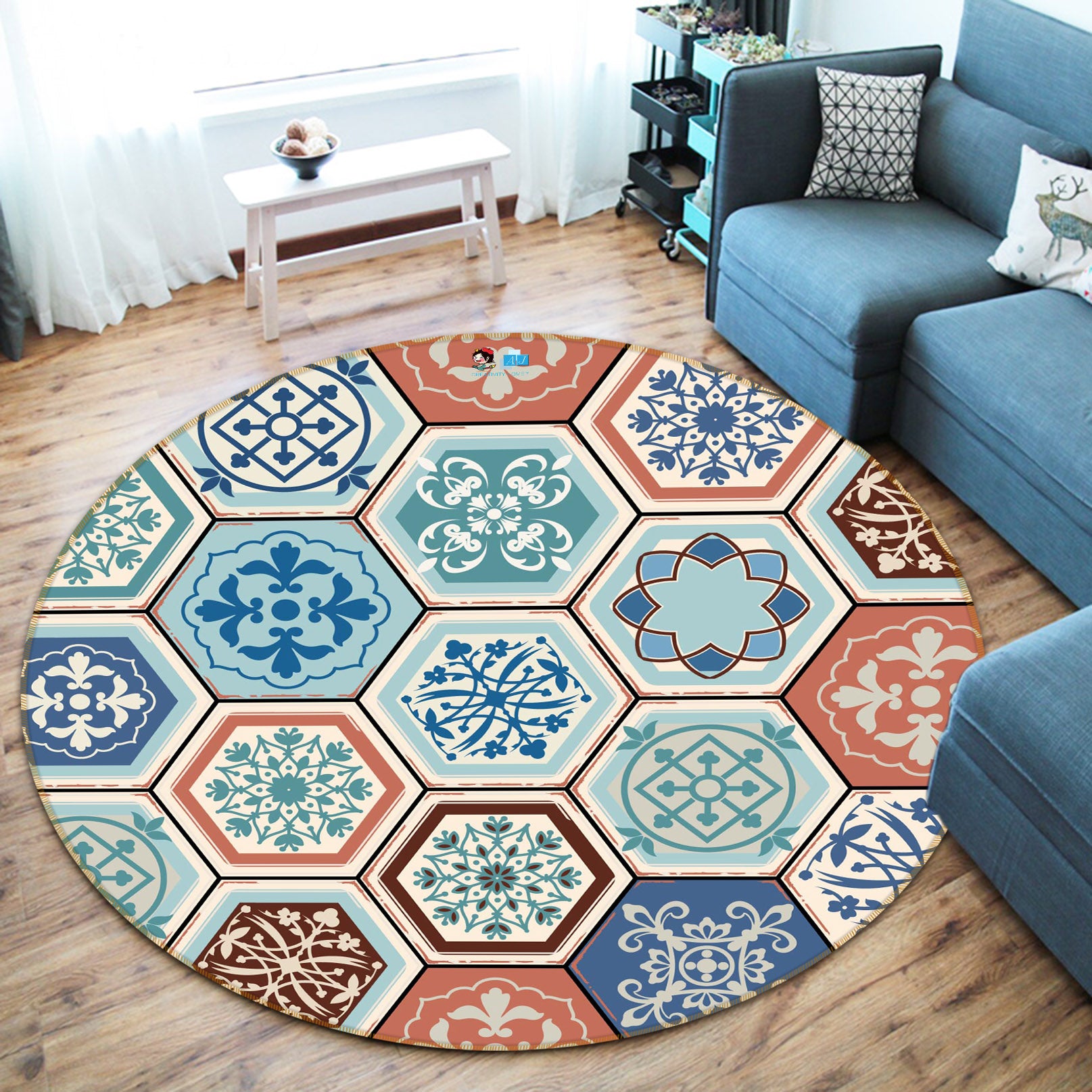 3D Patterned Hexagonal Bricks 64144 Round Non Slip Rug Mat