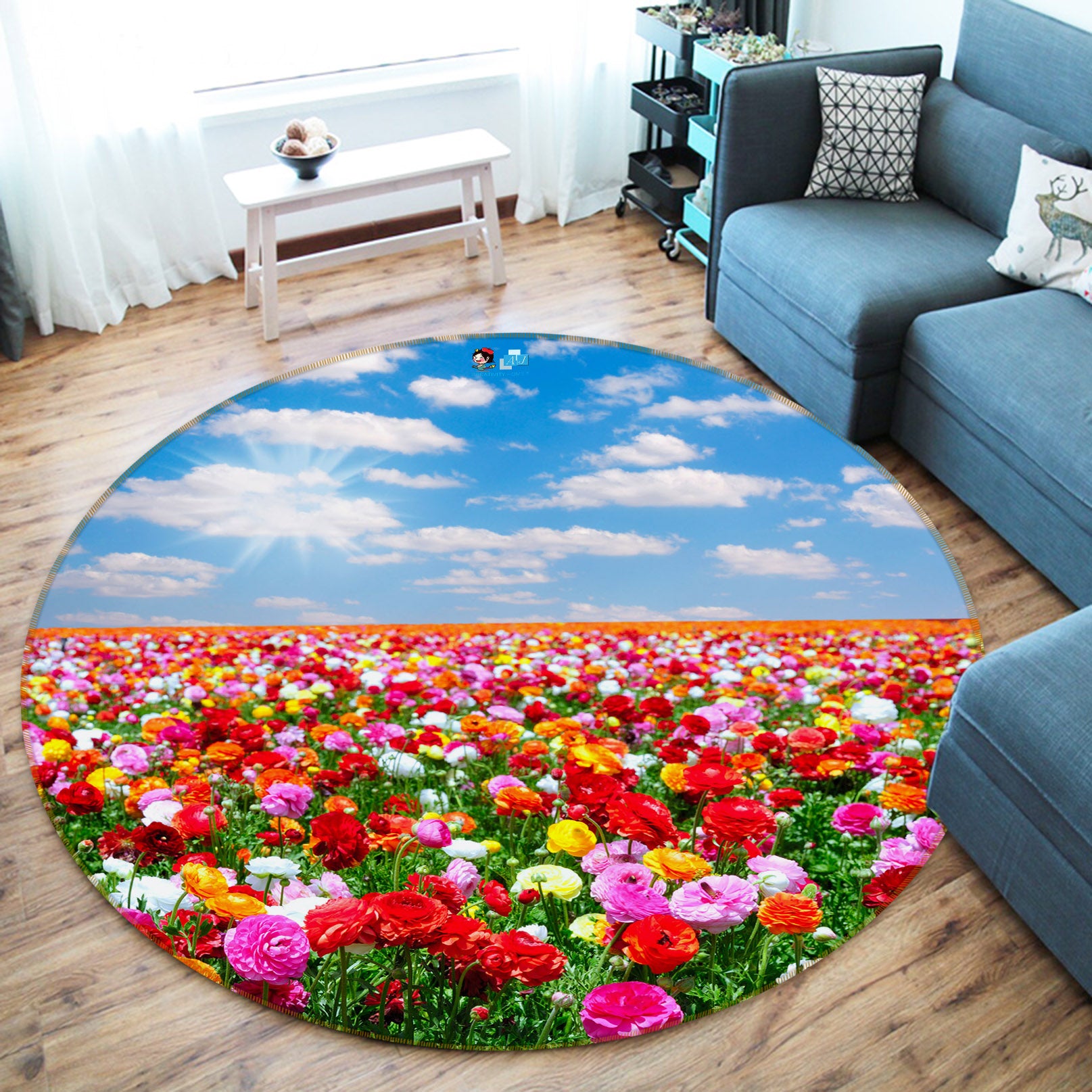 3D Flower Bush Sky 69146 Round Non Slip Rug Mat